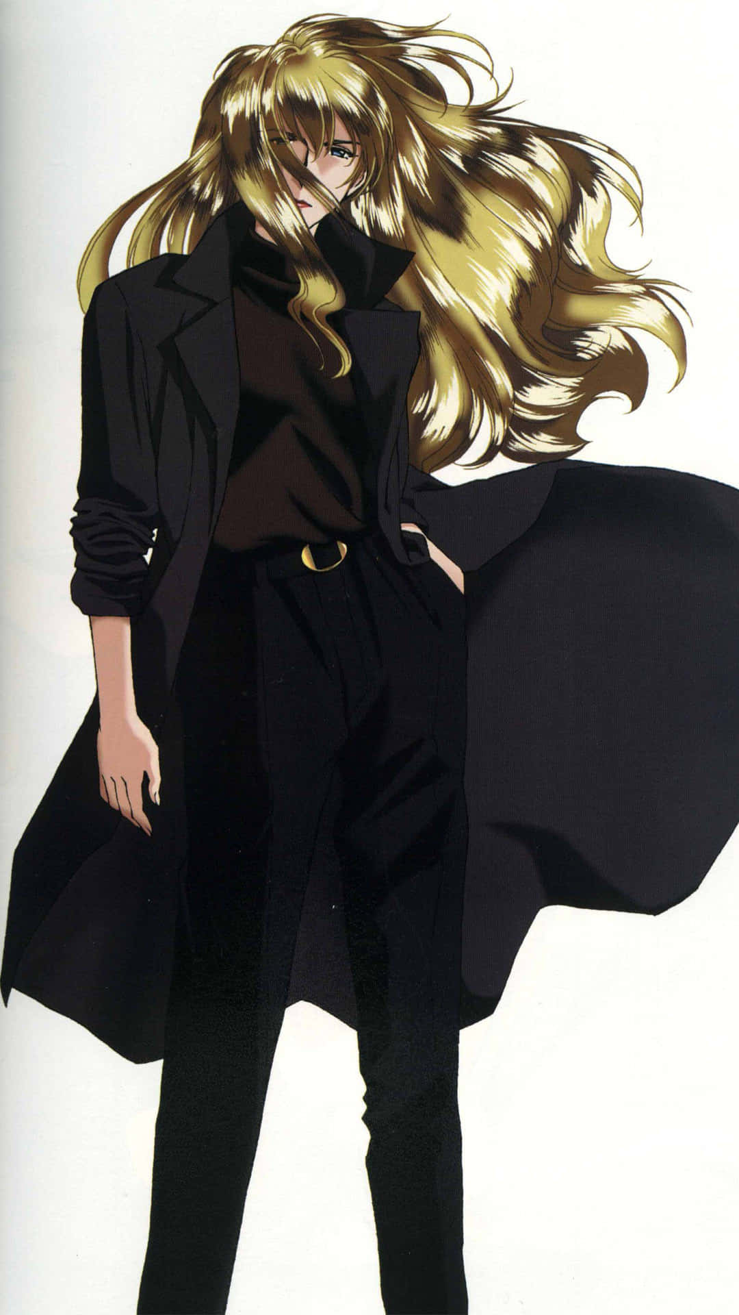 Cowboy Bebop Julia 桌布 壁紙 — 一位金髮動漫女性穿著飄逸的黑色外套，站在純白背景前，頭髮隨風飄揚。