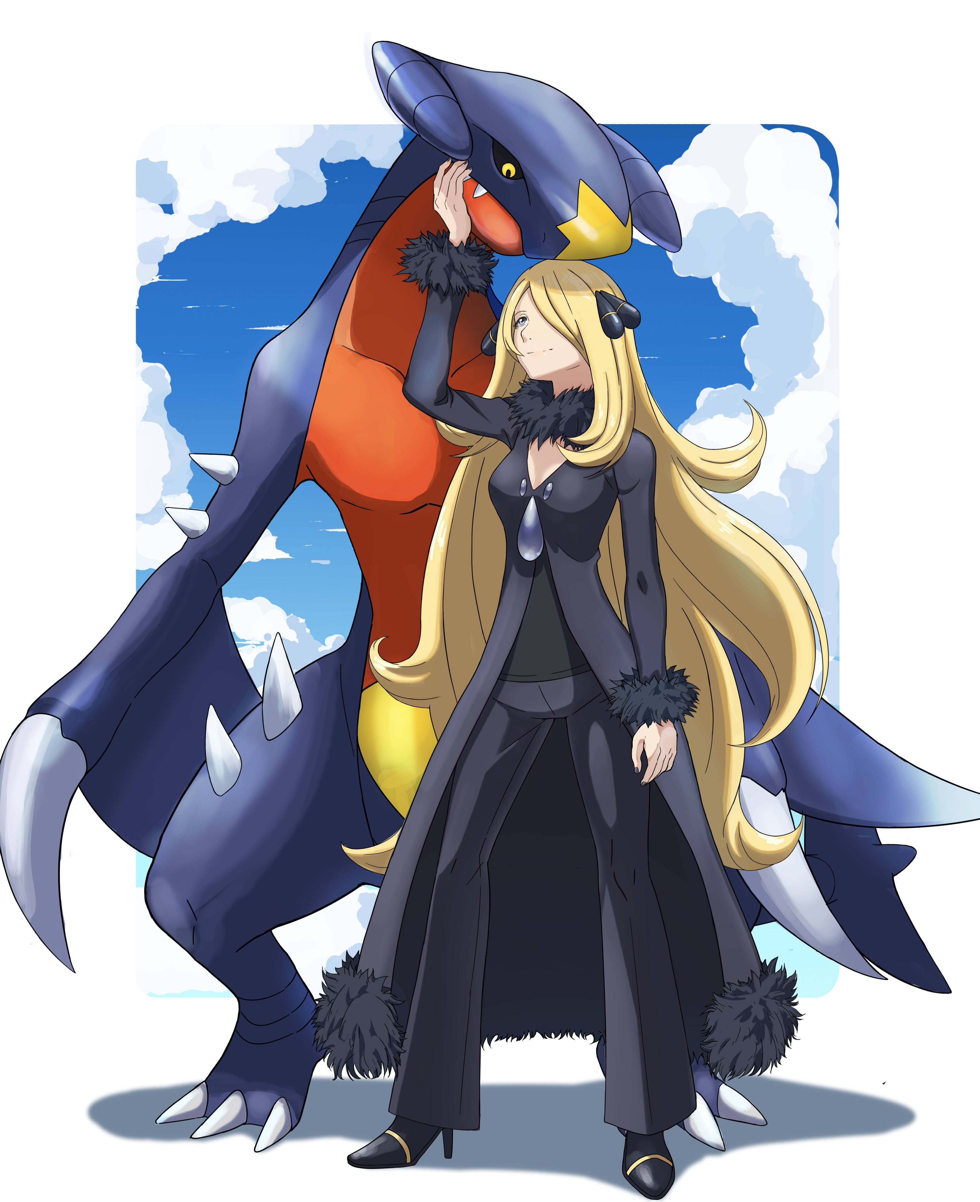 Garchomp 桌布 壁紙 — 一位金髮動漫女性穿著黑色毛邊大衣，站在一隻巨大的藍色和橙色龍形寶可夢旁邊，背景是多雲的天空。