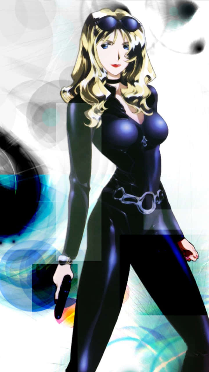 Cowboy Bebop Julia 桌布 壁紙 — 一位金髮動漫女性穿著黑色緊身連衣褲，在旋轉的抽象背景前手持手槍。