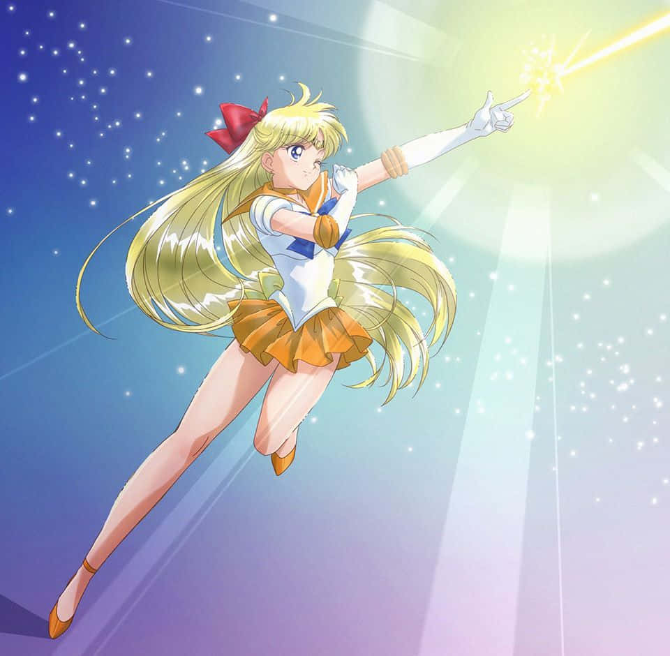 Sailor Venus 桌布 壁紙 — 一位金髮動漫女英雄穿著水手服，在星空漸層的天空中從手指發射發光的射線。