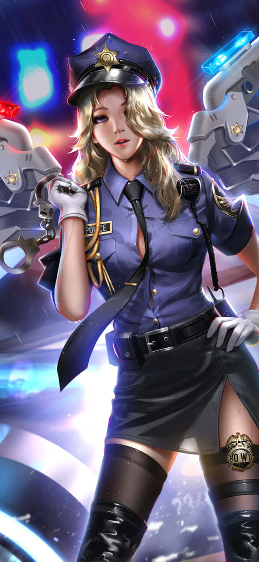Overwatch Mercy 桌布 壁紙 — 一位金髮動漫女警穿著藍色制服，在充滿活力的霓虹城市背景下拿著手銬。