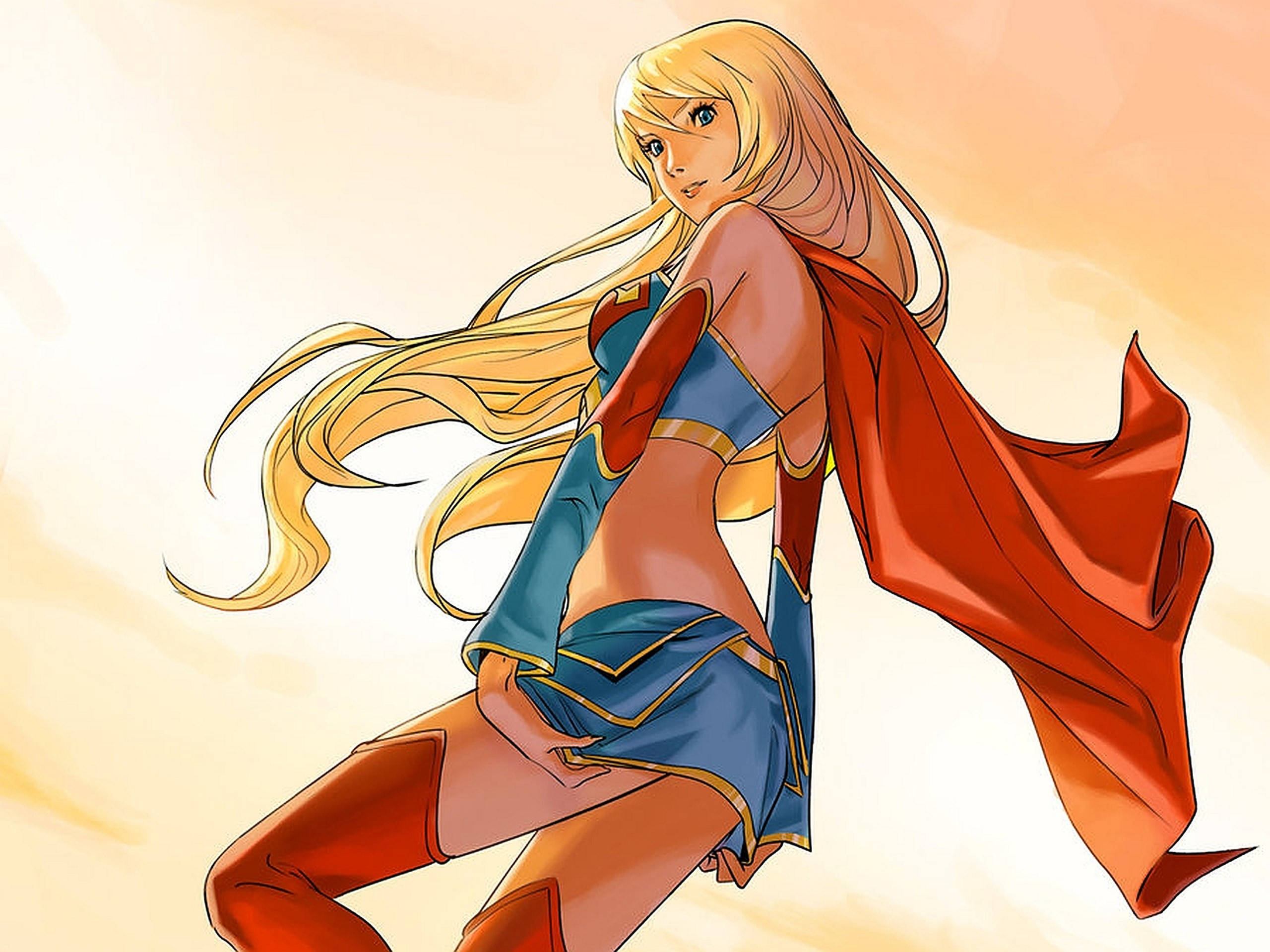 Superwoman 桌布 壁紙 — 一位金髮動漫女超級英雄，身穿藍紅服裝，披風飄逸，在溫暖的漸變天空下動感擺姿勢。