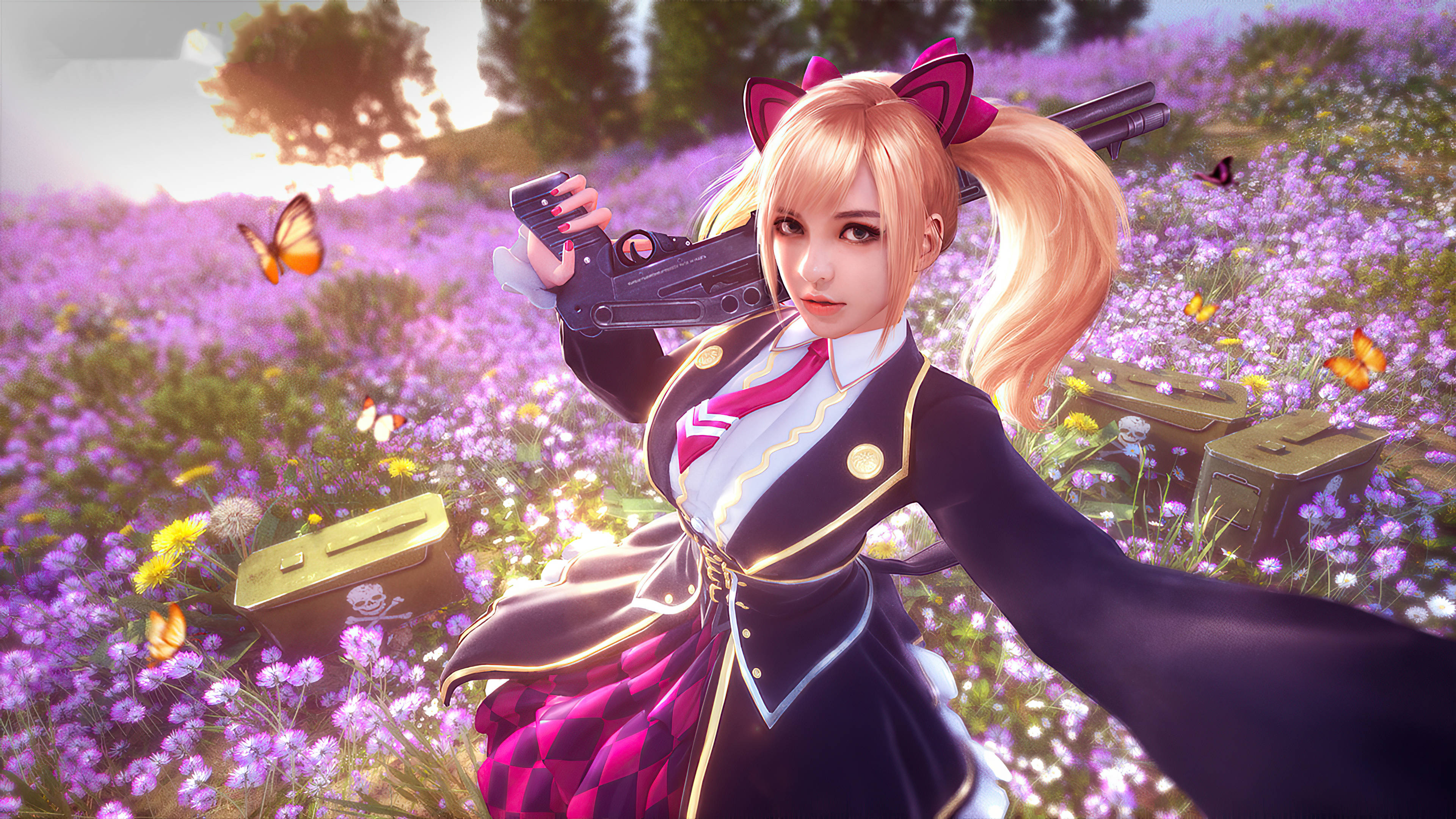 電玩遊戲 桌布 壁紙 — 一位金髮動漫少女穿著校服，在紫色花田中手持步槍，蝴蝶在她周圍飛舞。