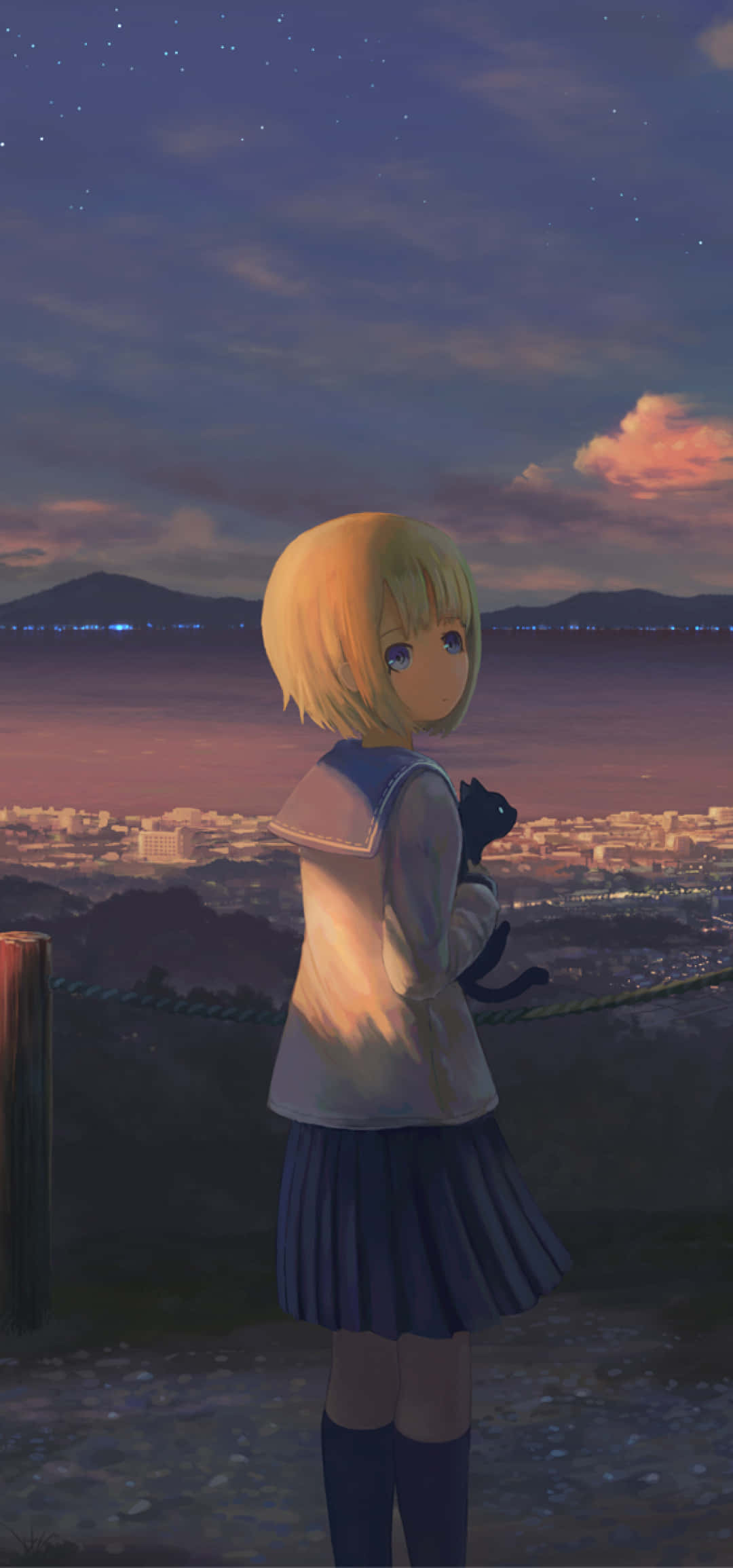 動漫女孩 桌布 壁紙 — 一位金髮動漫少女穿著校服，抱著一隻黑貓，凝視著遠山之上星光璀璨的暮色城市景觀。
