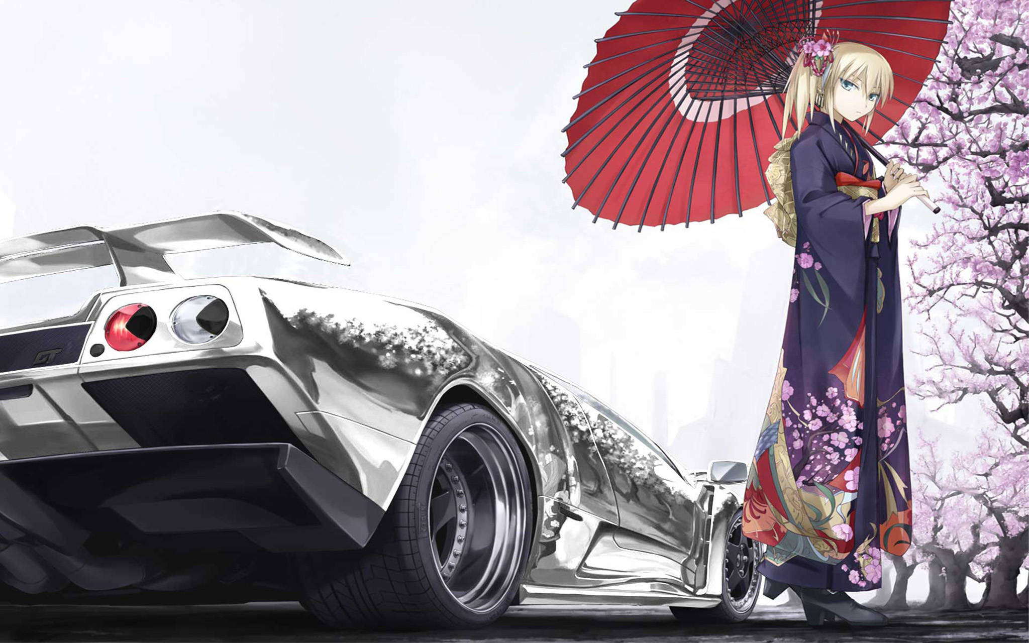 動漫車 桌布 壁紙 — 一位金髮動漫少女穿著櫻花和服，在蒼白的天空下，手持紅色雨傘，站在一輛時尚的銀色跑車旁。