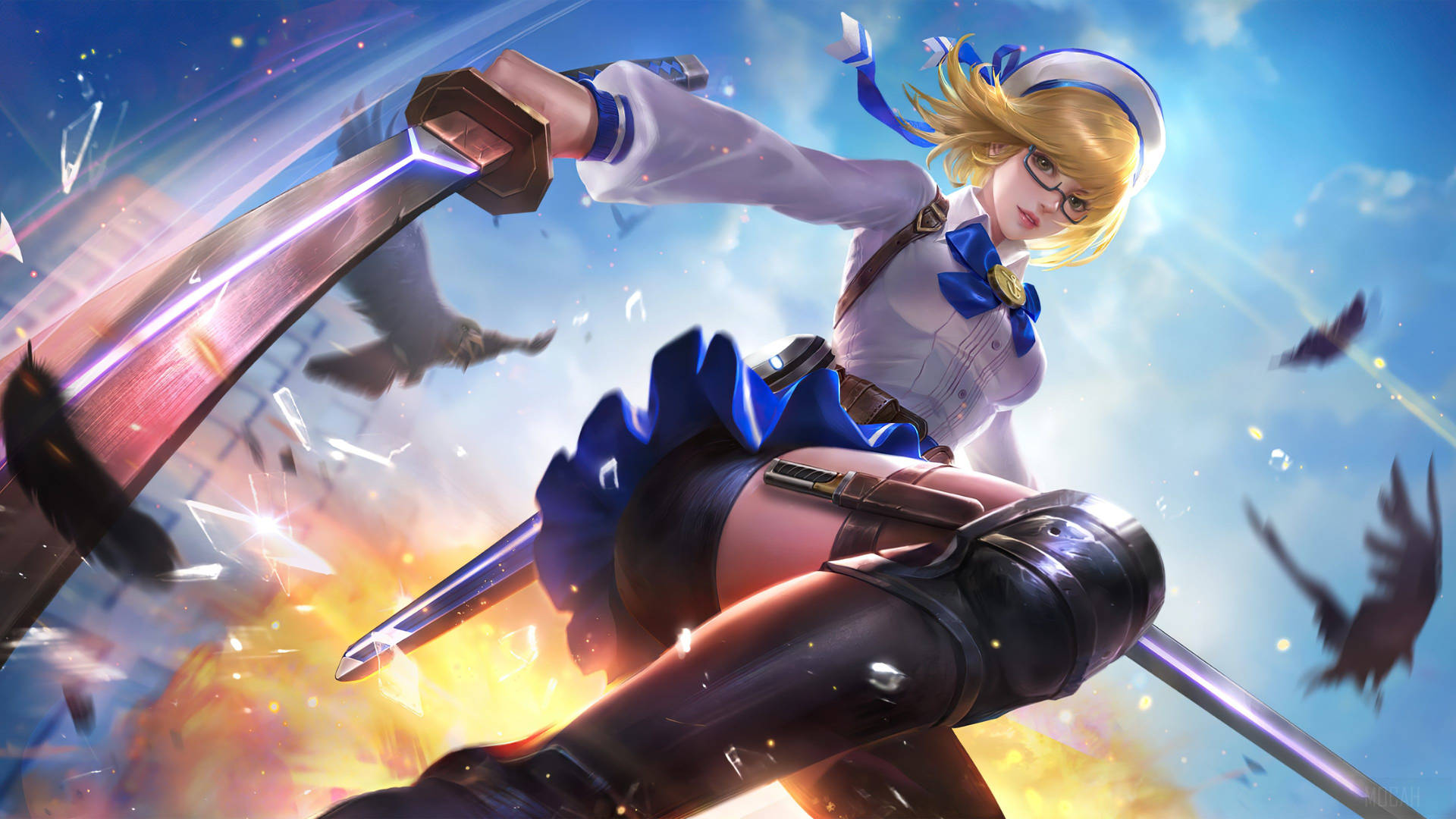 Mobile Legends 動態圖 桌布 壁紙 — 一位金髮動漫少女穿著水手服，在明亮的天空下，於烈火爆炸和飛翔烏鴉中揮舞發光劍。