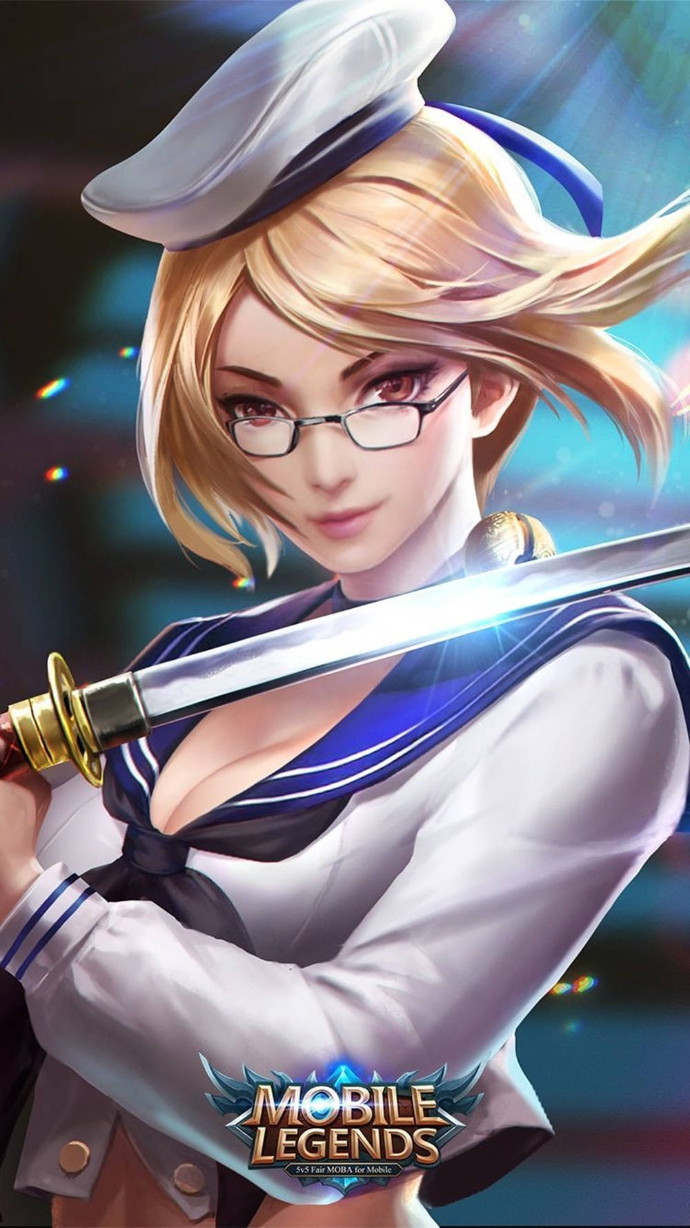 Mobile Legends 動態圖 桌布 壁紙 — 一位金髮動漫少女穿著水手服，在鮮豔的藍色背景前揮舞著發光的劍。