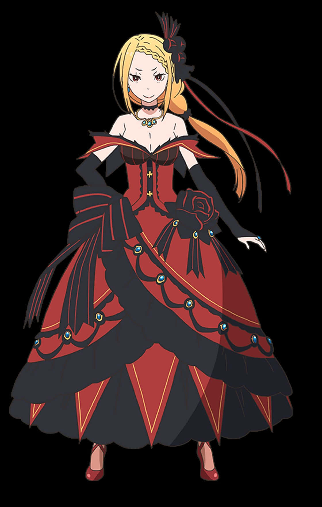 Priscilla Barielle 桌布 壁紙 — 一位金髮動漫少女穿著紅黑哥德式連衣裙，配戴玫瑰和羽毛飾品，站在黑色背景前。