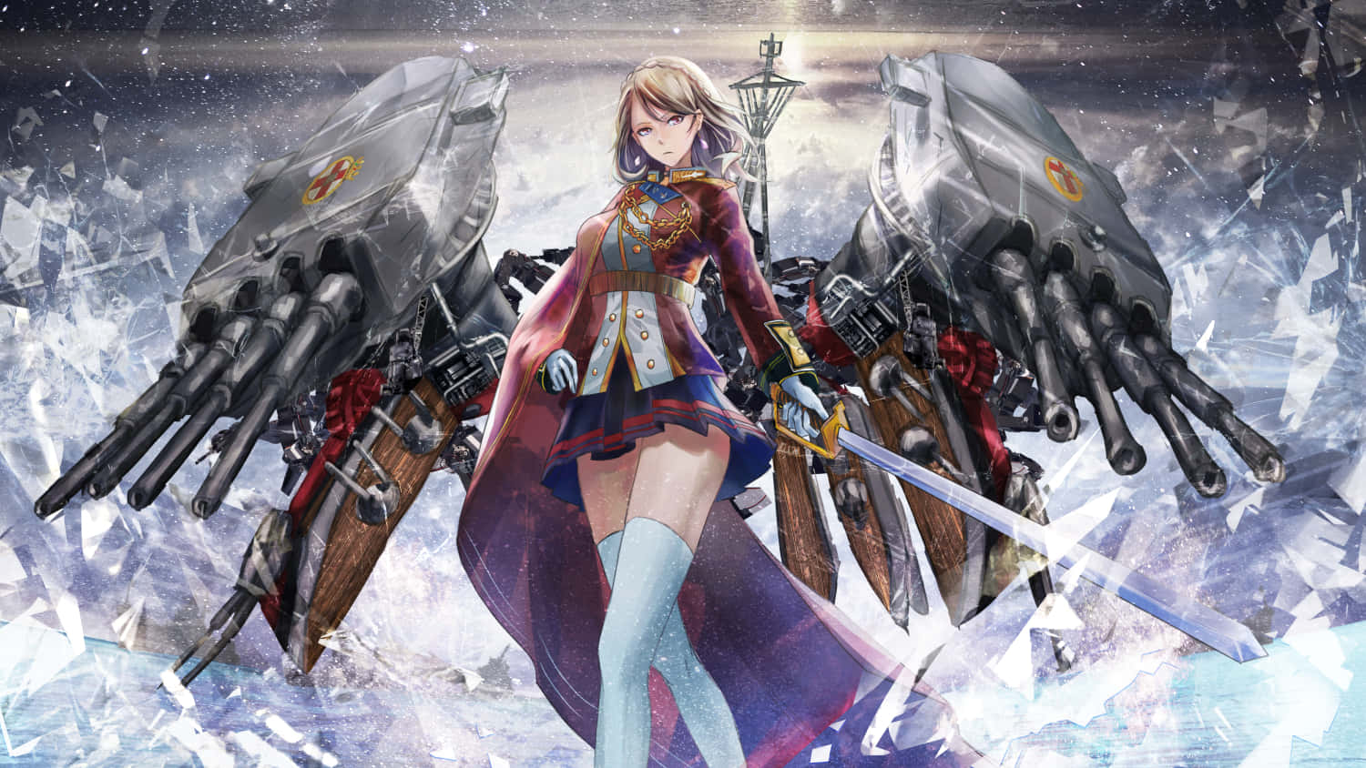 碧藍航線 桌布 壁紙 — 一位金髮動漫少女穿著軍服，在破碎的冰層中揮舞著劍，兩側是巨大的裝甲戰艦。