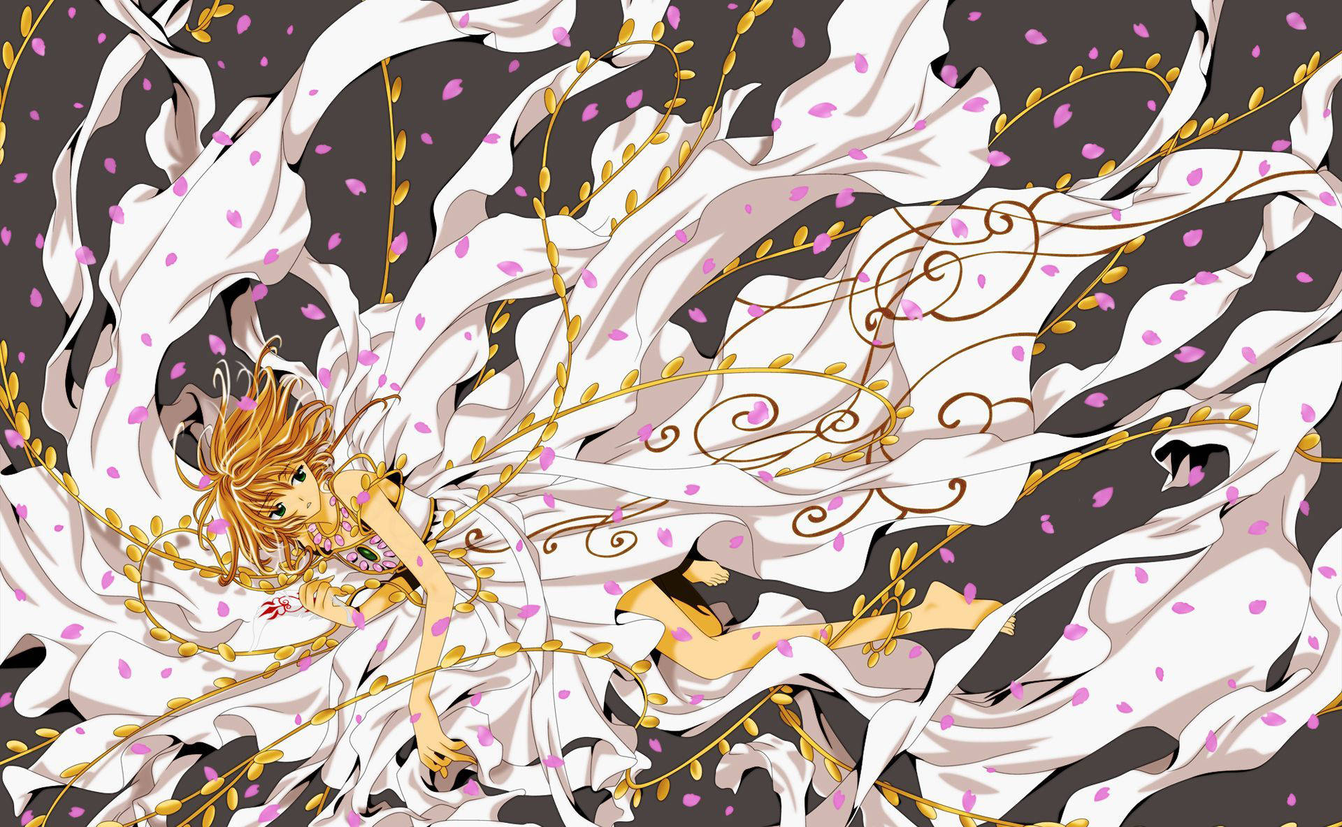 tsubasa reservoir chronicle 桌布 壁紙 — 一位金髮動漫少女穿著飄逸的白色連衣裙，在黑暗背景中，於旋轉的藤蔓和粉紅色花瓣間飄浮。