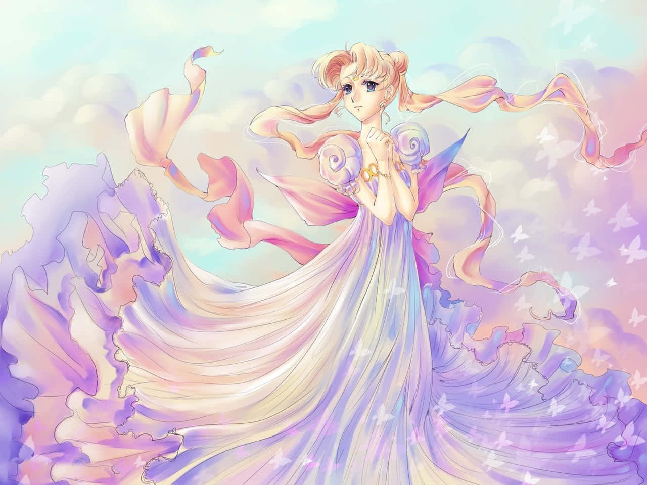 水晶 桌布 壁紙 — 一位金髮動漫少女穿著飄逸的粉彩長裙，站在飄浮的蝴蝶之間，背景是柔和天空。