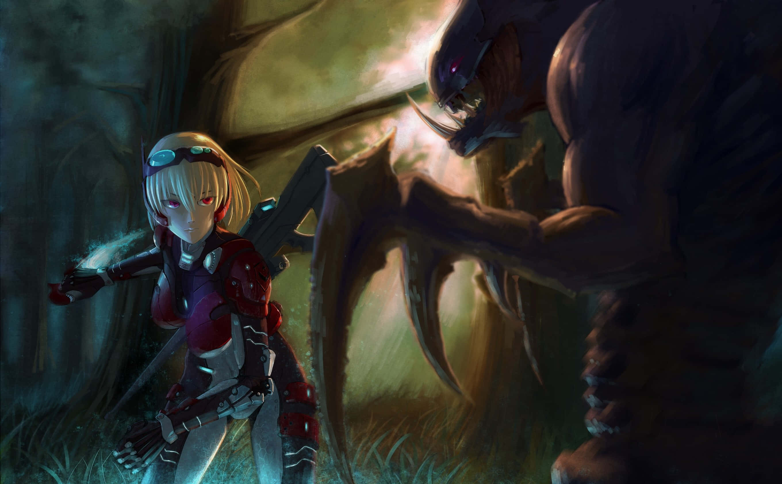 Starcraft Characters 桌布 壁紙 — 一位金髮動漫少女身穿紅色盔甲，在黑暗的森林中對抗一個高聳的怪物。