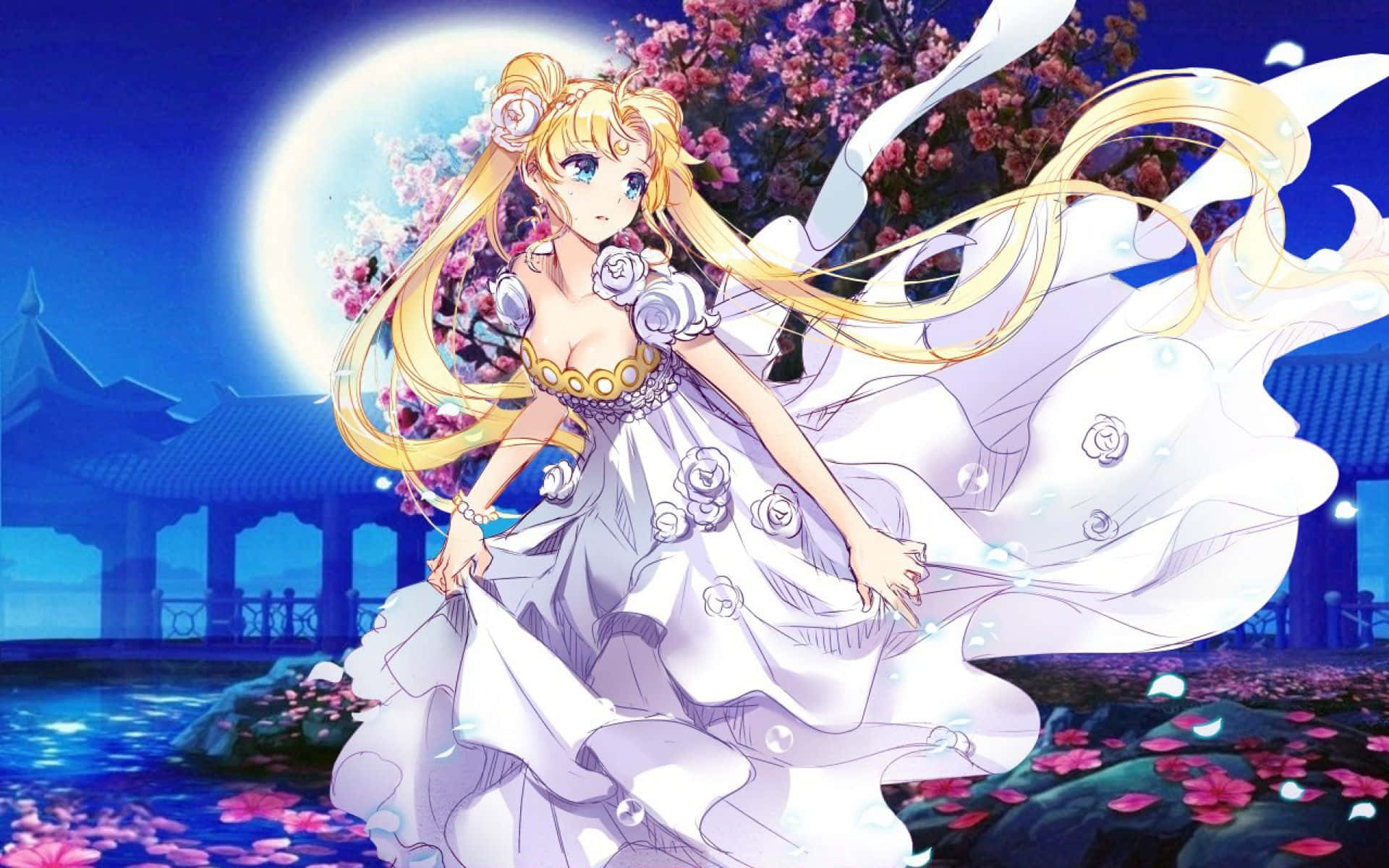 Aesthetic Sailor Moon 桌布 壁紙 — 一位金髮動漫少女身穿飄逸白裙，站在滿月下，旁邊有櫻花和傳統亭閣。