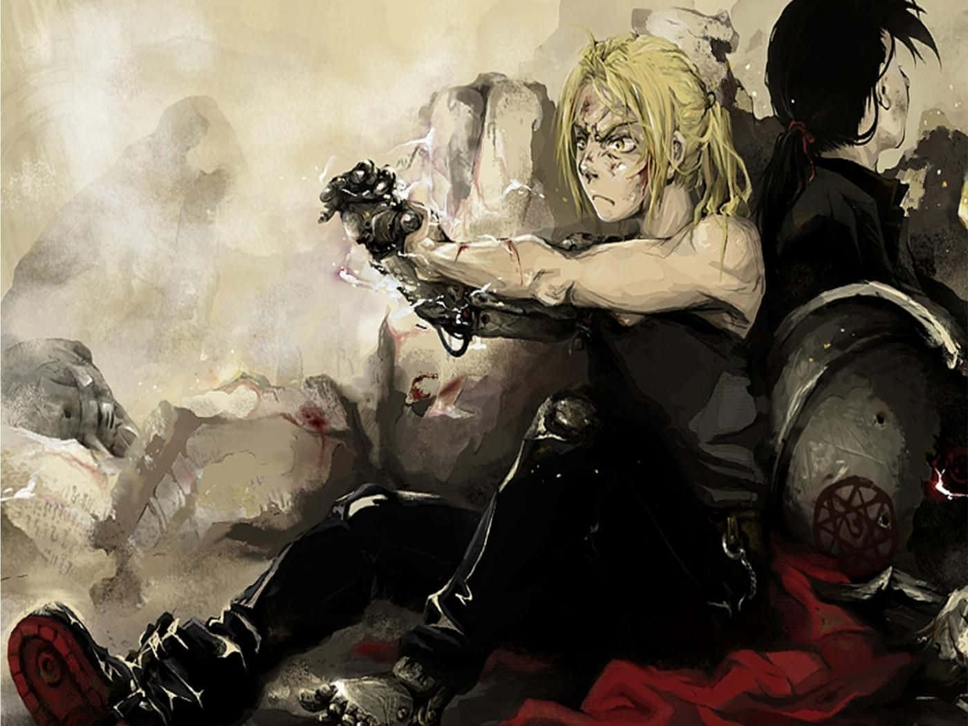 edward elric 桌布 壁紙 — 一位金髮動漫戰士，擁有機械手臂，在瓦礫和煙霧中緊握武器，呈現一場激烈的戰鬥場景。