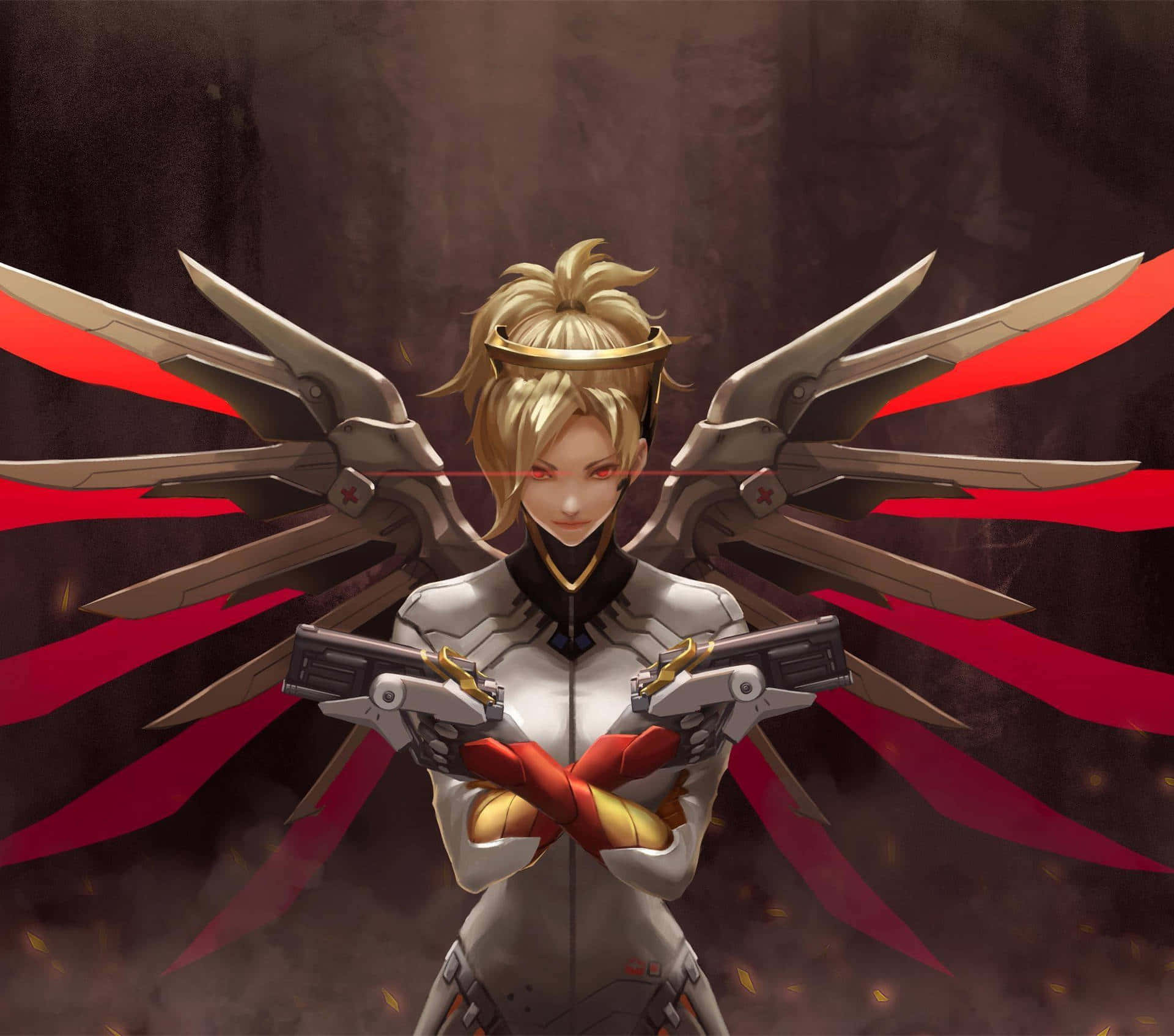 Aesthetic Overwatch 桌布 壁紙 — 一位金髮動漫戰士，擁有機械翅膀和紅色眼睛，在黑暗煙霧背景中手持雙槍。