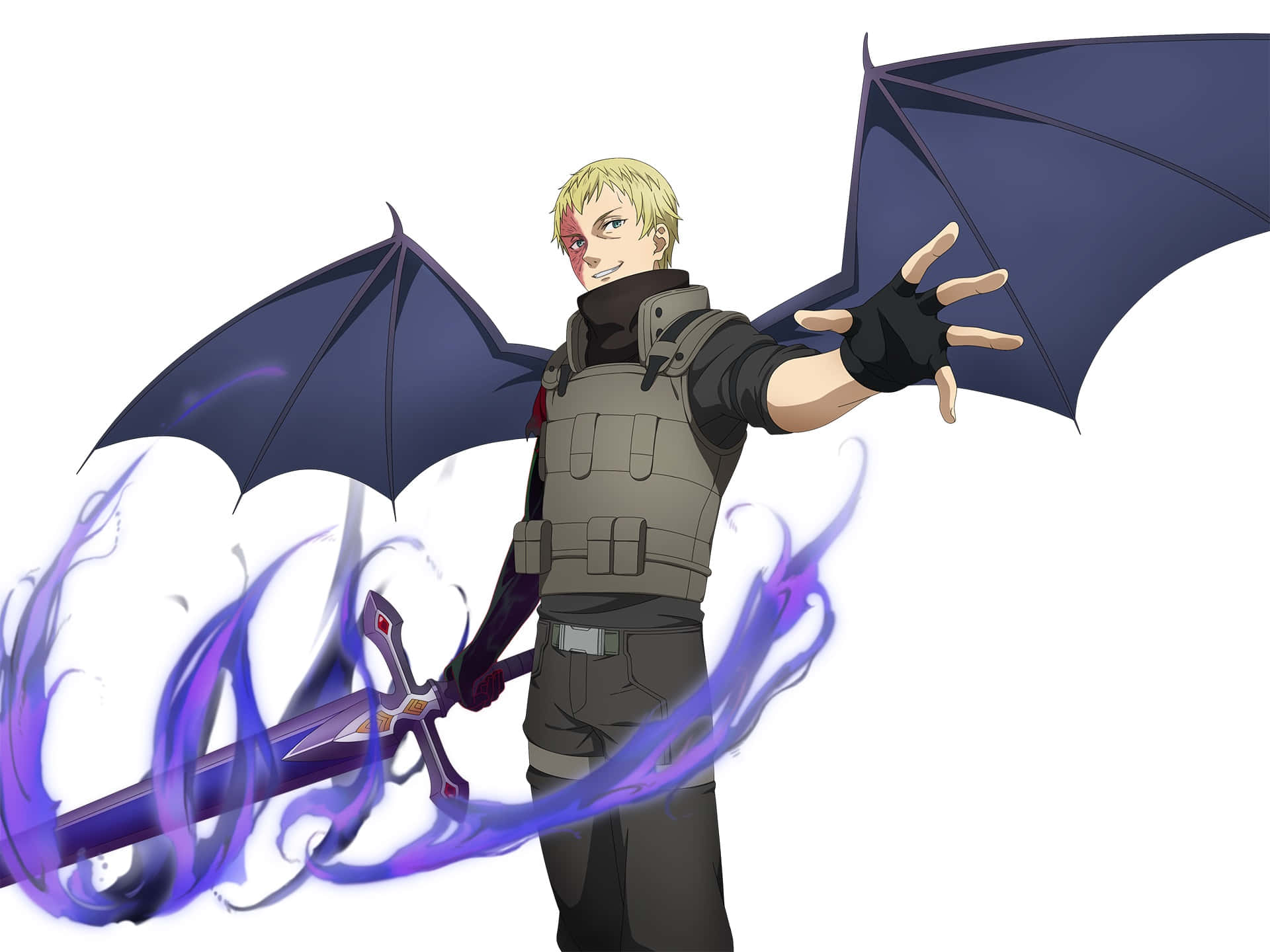 Sword Art Online Gabriel Miller 桌布 壁紙 — 一位金髮動漫戰士，擁有深色蝙蝠翅膀，在純白背景前揮舞著發光的紫色劍。