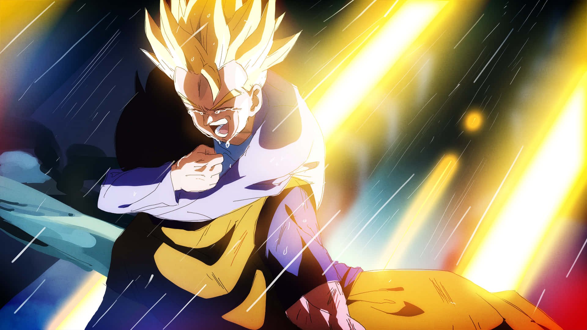Dragon Ball Z Trunks 桌布 壁紙 — 一位金髮動漫戰士在傾盆大雨和耀眼黃光下咆哮戰鬥。