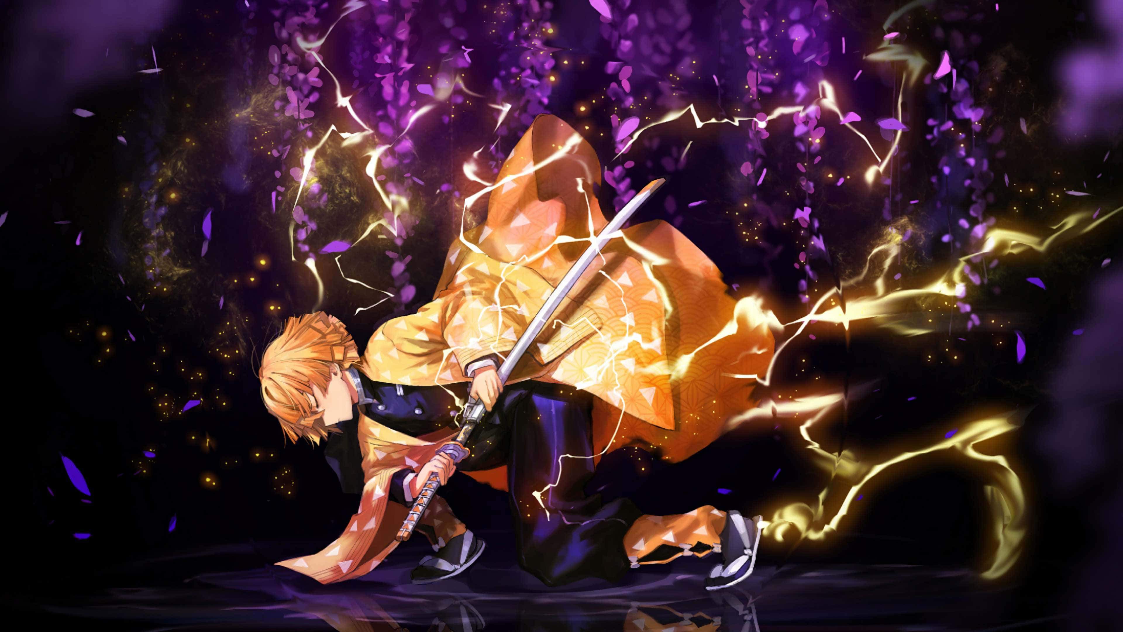 Demon Slayer iPad 桌布 壁紙 — 一位金髮動漫戰士在動態動作中跪下，揮舞著發光的劍，周圍環繞著紫色花瓣和電能，背景黑暗。