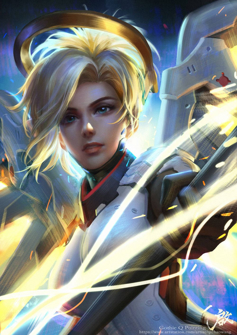 Mercy 桌布 壁紙 — 一位金髮動漫戰士帶著光環，在宇宙背景下揮舞著發光的能量武器。