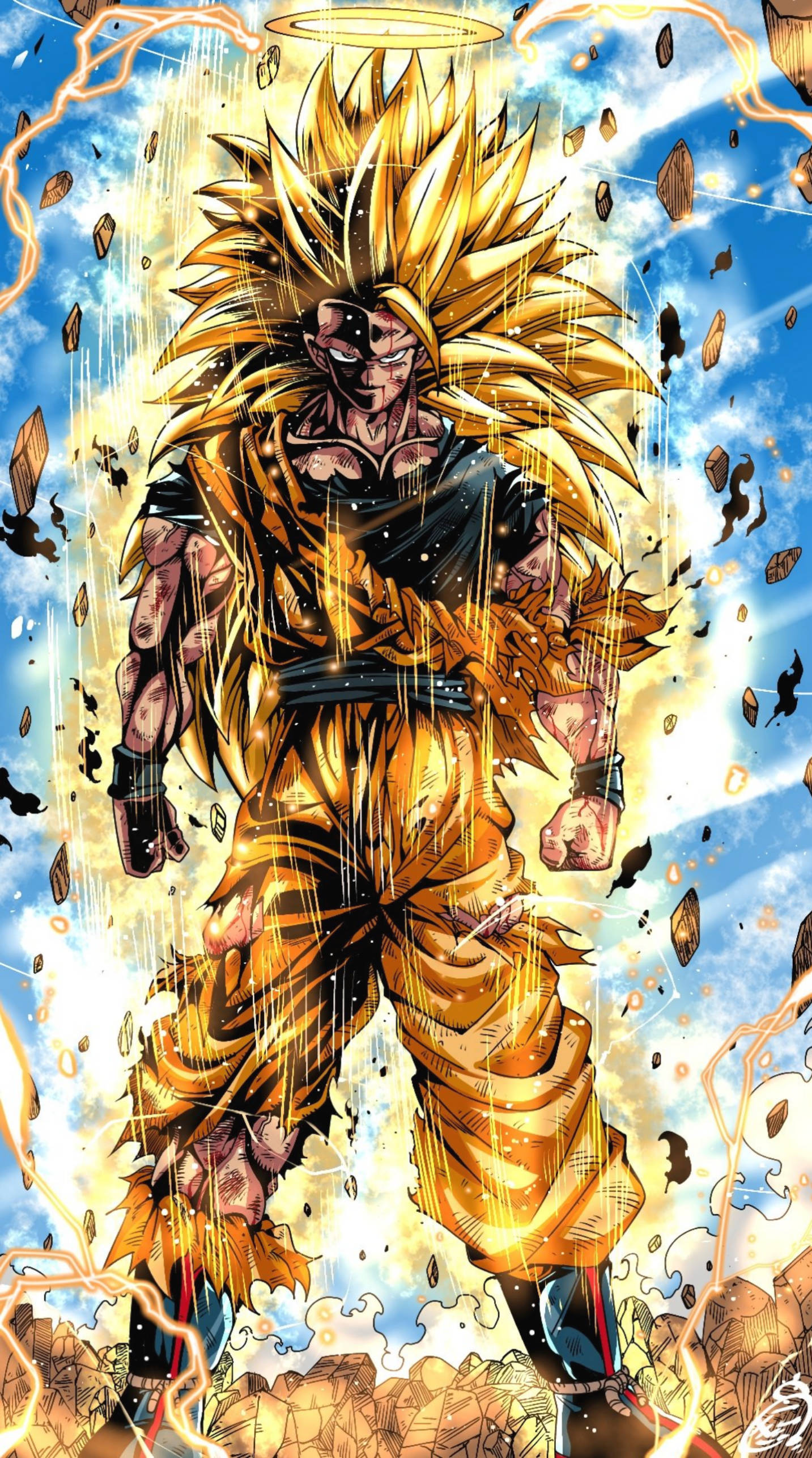 Goku Ssj3 桌布 壁紙 — 一位金髮動漫戰士帶著光環，站在藍天下墜落的碎片和劈啪作響的閃電之中。