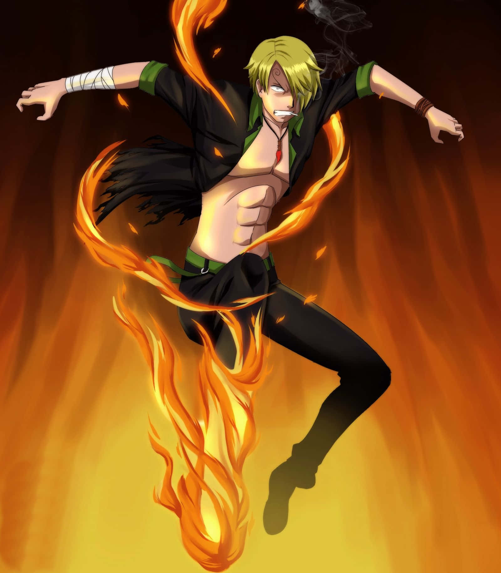 Sanji iPhone 桌布 壁紙 — 一位金髮動漫戰士帶著強烈的表情和動態的動作躍過熾熱的火焰。