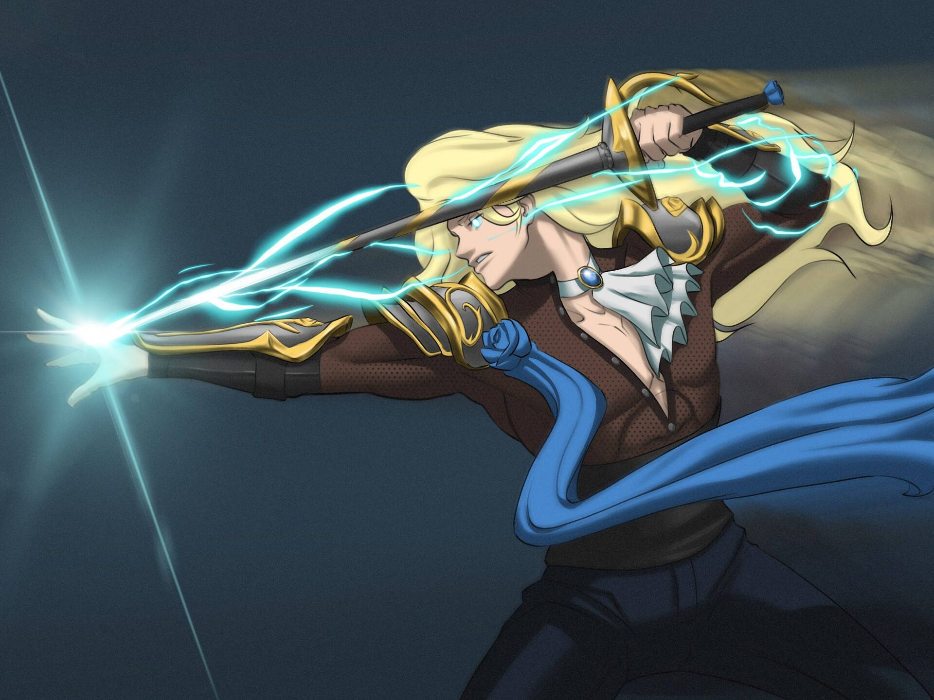 Mobile Legends 動態圖 桌布 壁紙 — 一位金髮動漫戰士從發光的劍中引導電藍色能量，擺出動態戰鬥姿勢。
