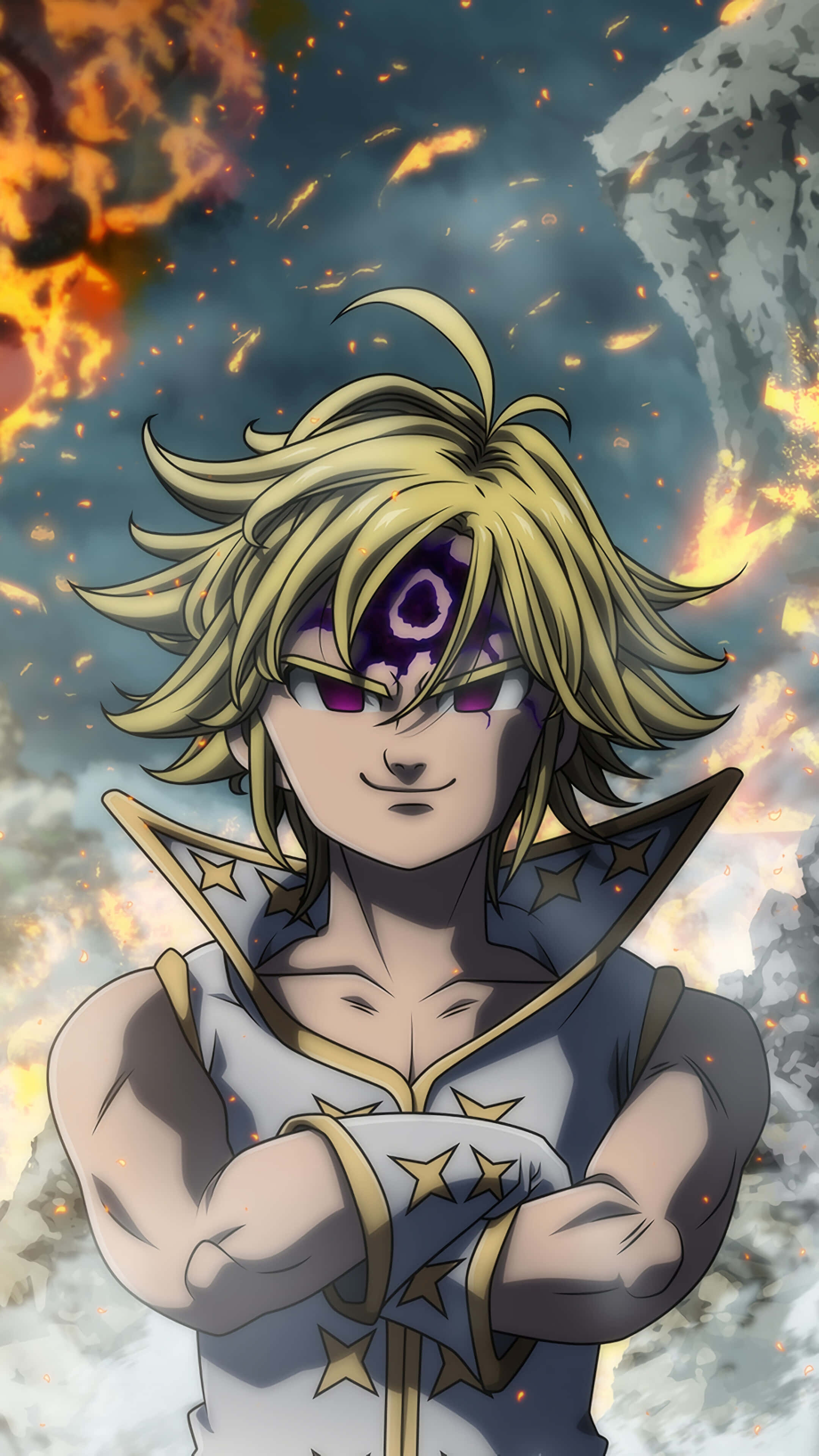 Meliodas 桌布 壁紙 — 一位金髮動漫戰士戴著紫色眼罩，自信地站在火焰爆炸和碎石之中。