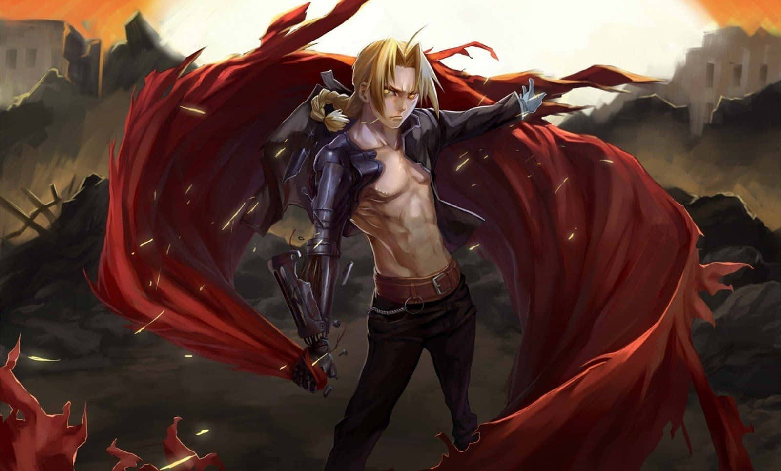 edward elric 桌布 壁紙 — 一位金髮動漫戰士披著紅色斗篷，在烈火天空下的廢墟戰場上傲然挺立。