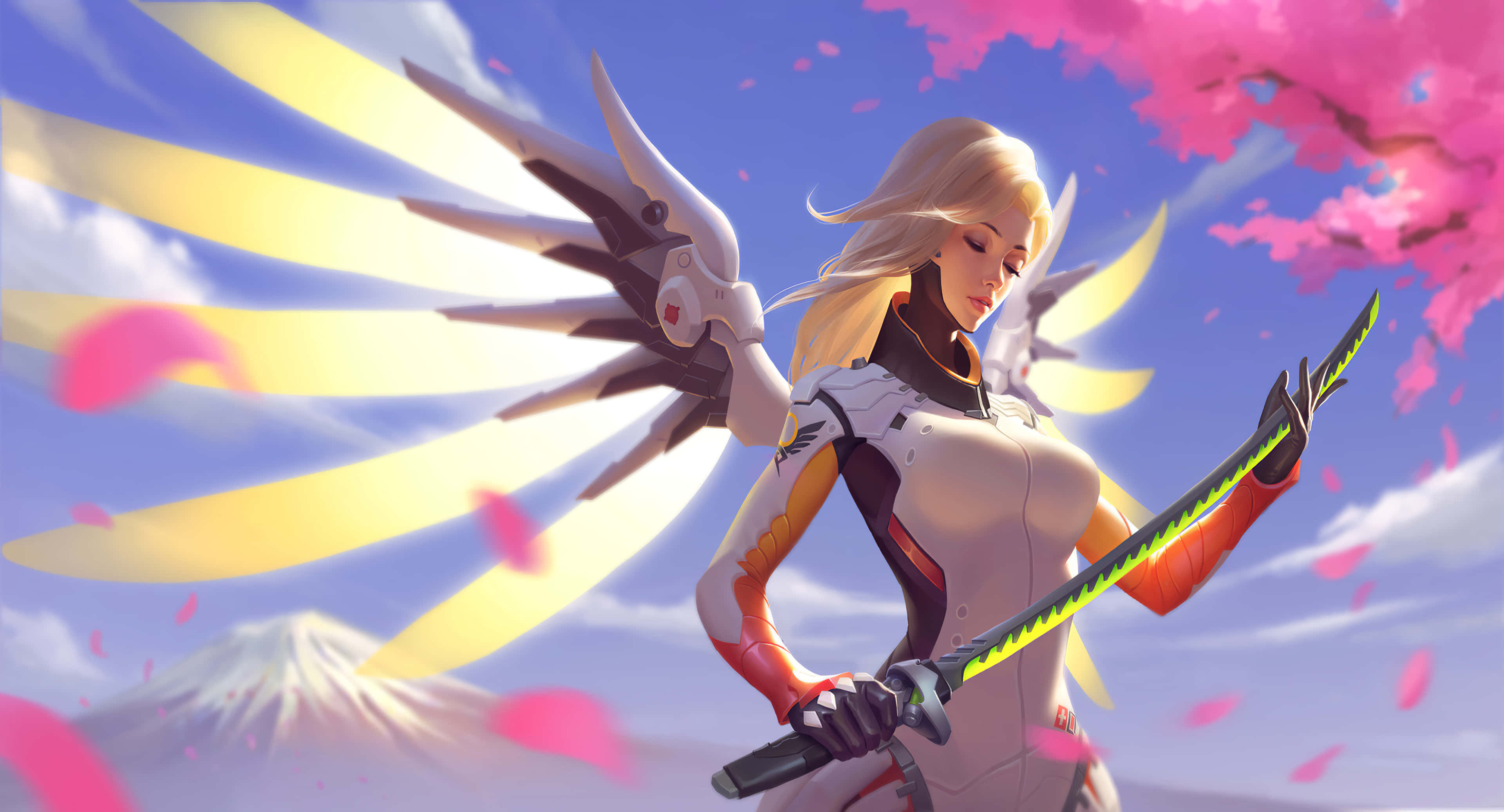 Mercy Overwatch 桌布 壁紙 — 一位金髮動漫戰士擁有機械翅膀，在櫻花天空下拿著發光的劍，遠處有雪山。
