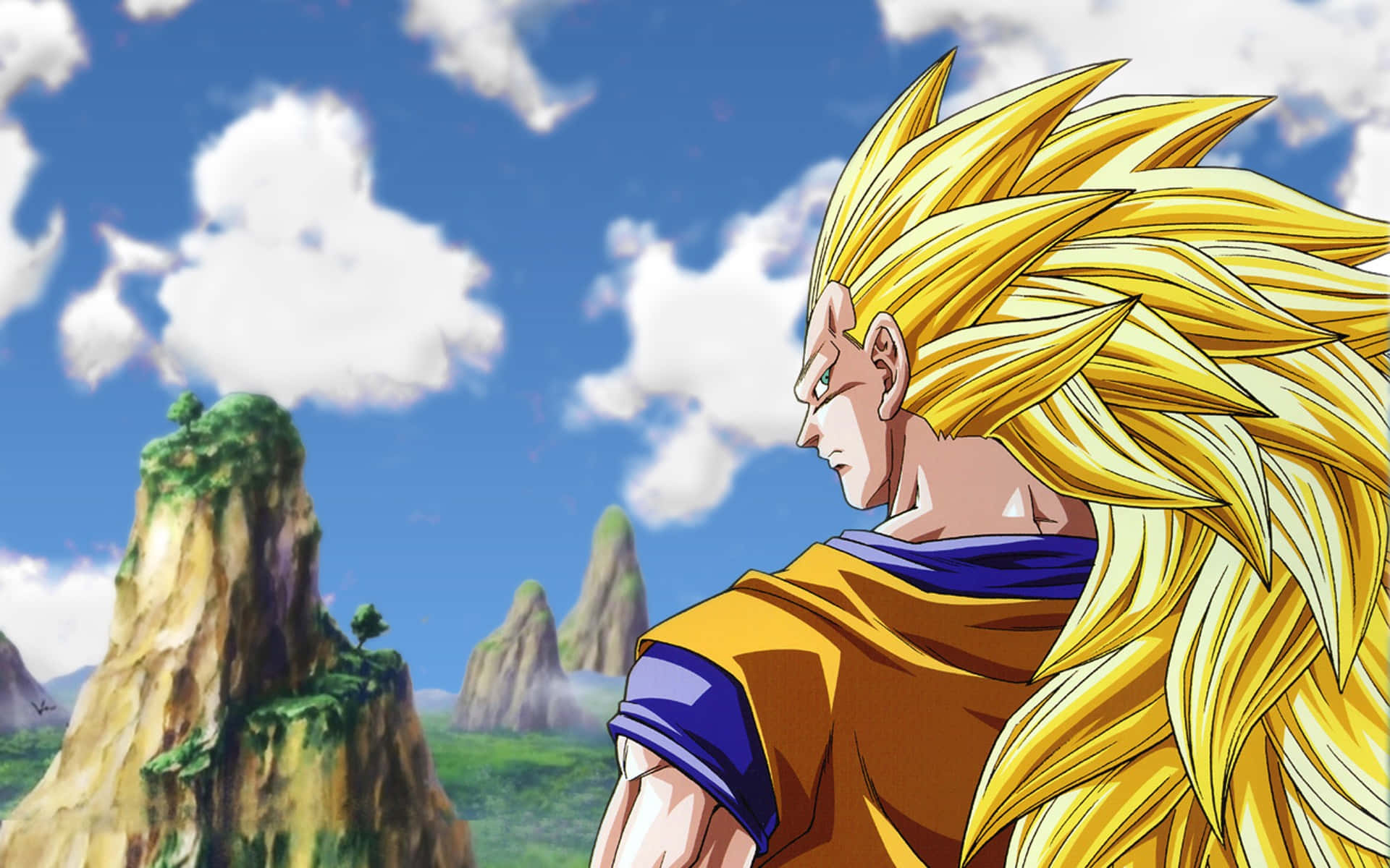 Ssj3 桌布 壁紙 — 一位金髮動漫戰士穿著橙色道服，側身站在藍天白雲和岩石峭壁的背景前。
