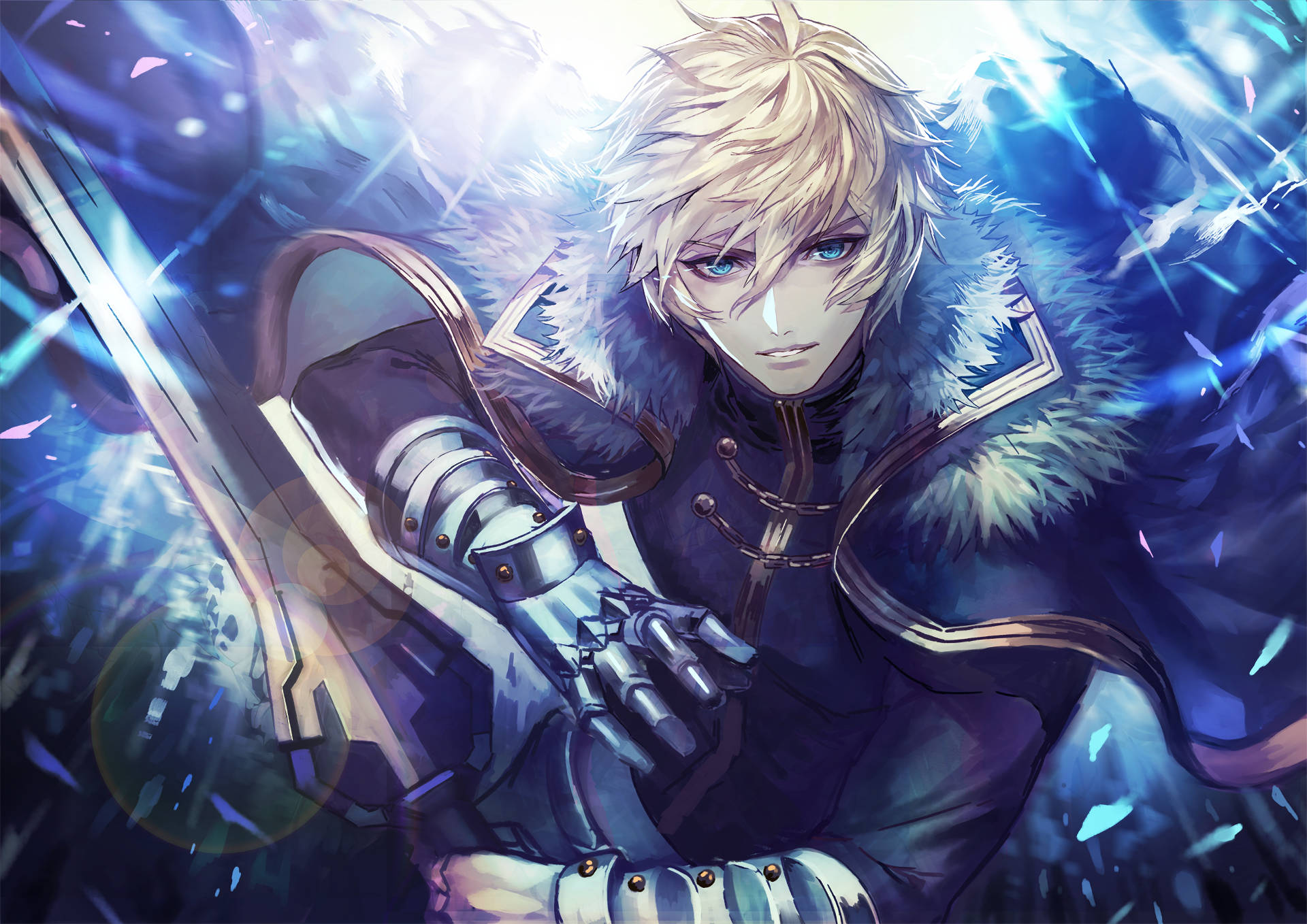 Fate/Grand Order 桌布 壁紙 — 一位金髮動漫戰士穿著毛皮襯裡的盔甲，在藍色能量和碎冰的爆發中握著一把發光的劍。