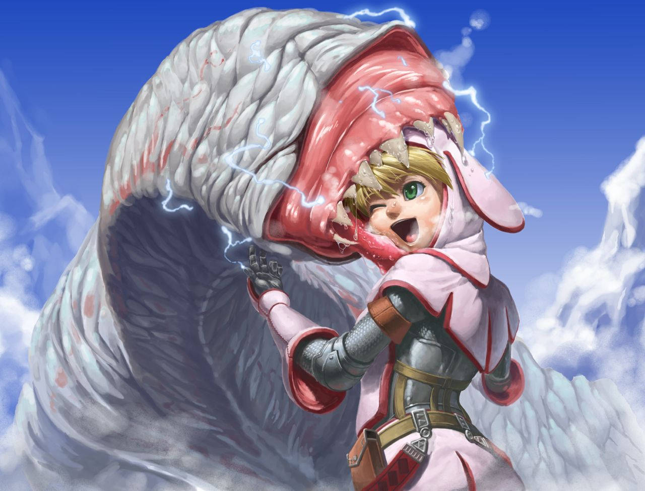 Monster Hunter 桌布 壁紙 — 一位金髮動漫戰士穿著粉紅色盔甲，在明亮的藍天下與一條巨大的閃電蠕蟲戰鬥。