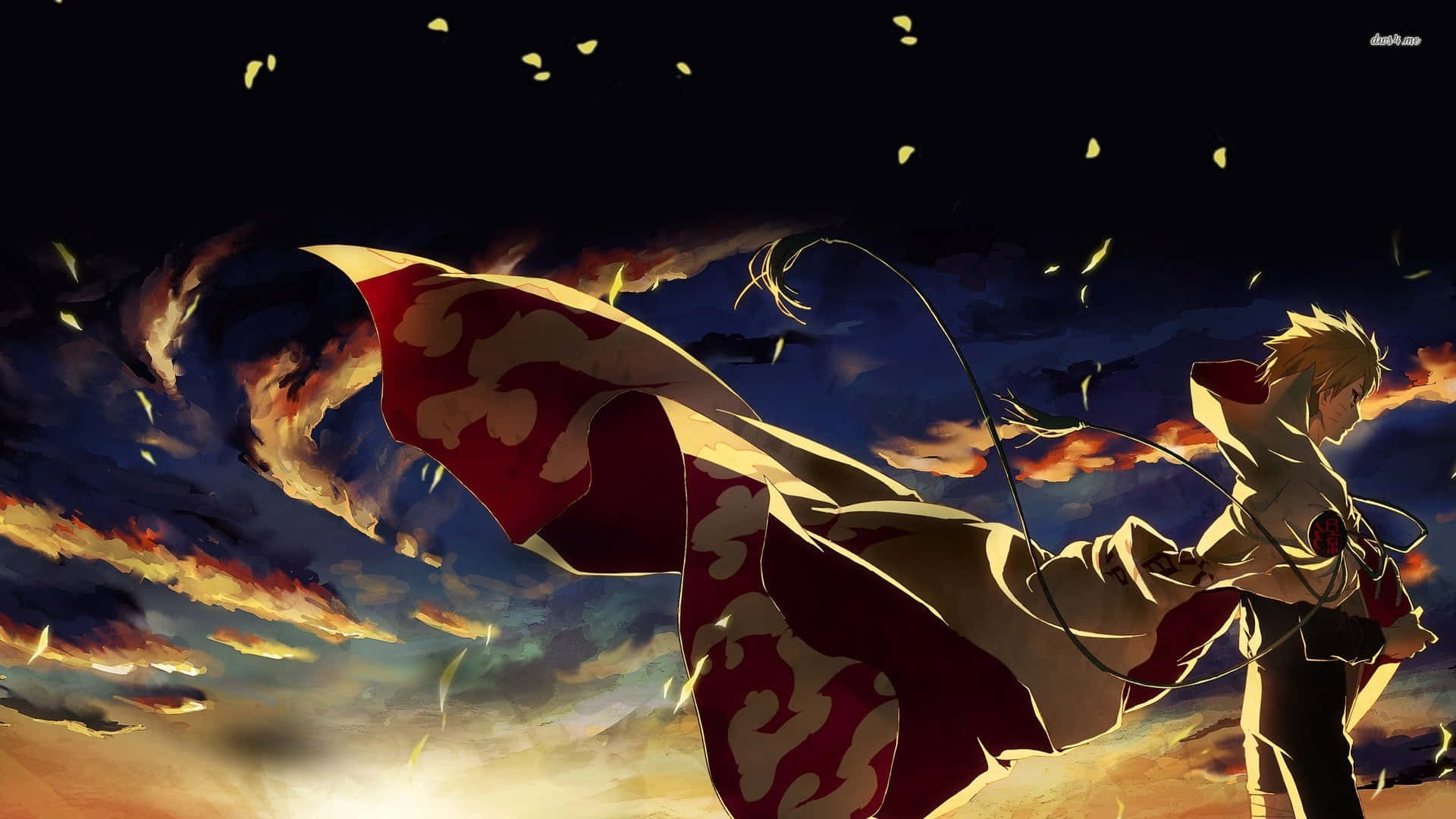 Naruto Alone 桌布 壁紙 — 一位金髮動漫戰士穿著紅白斗篷，站在火燒般的夕陽天空下，伴隨著旋轉的雲朵和飄落的樹葉。