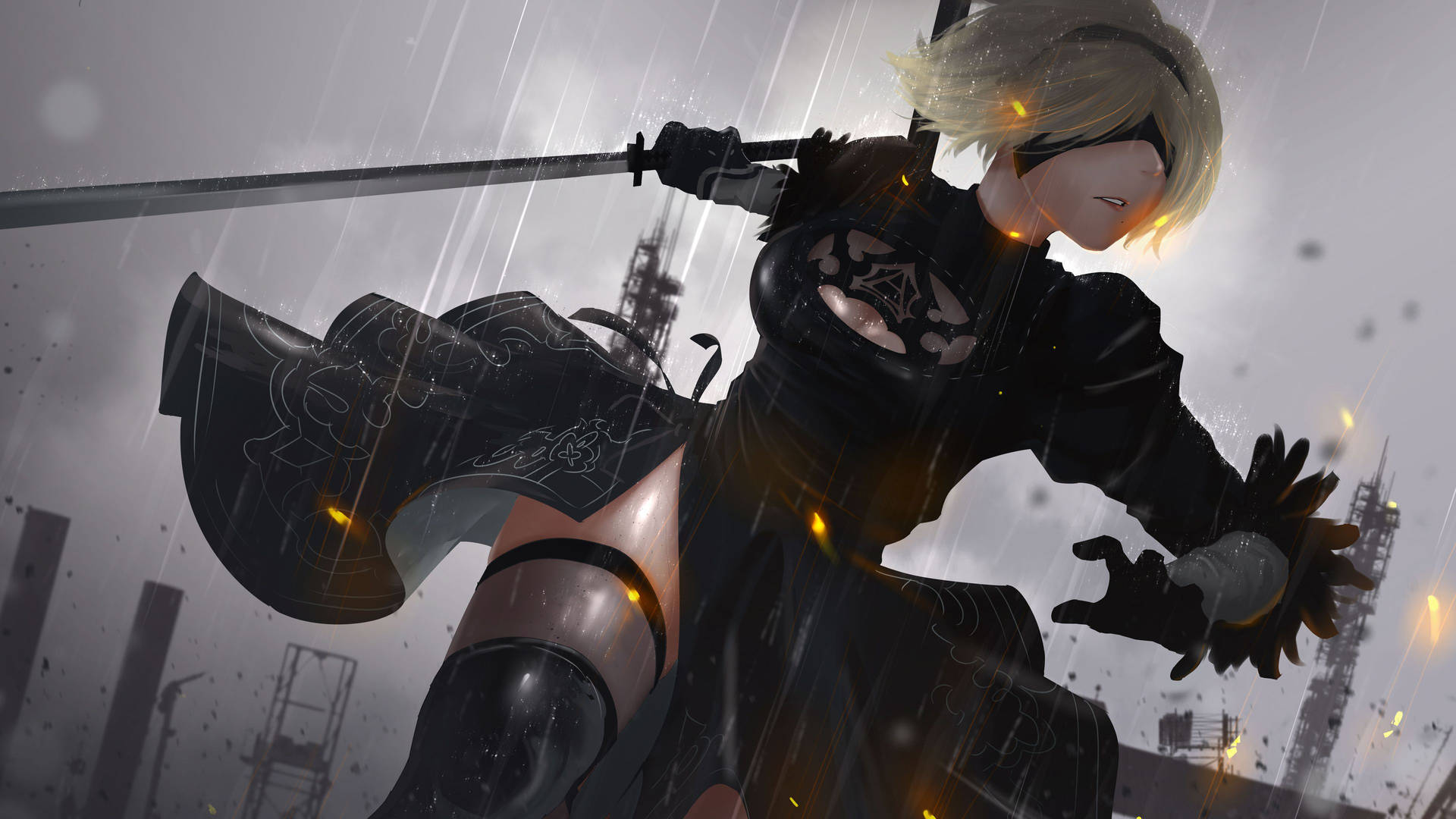 動漫戰士持劍在雨中未來城市戰鬥，閃爍火花。 — 尼爾 自動人形 GIF 壁紙