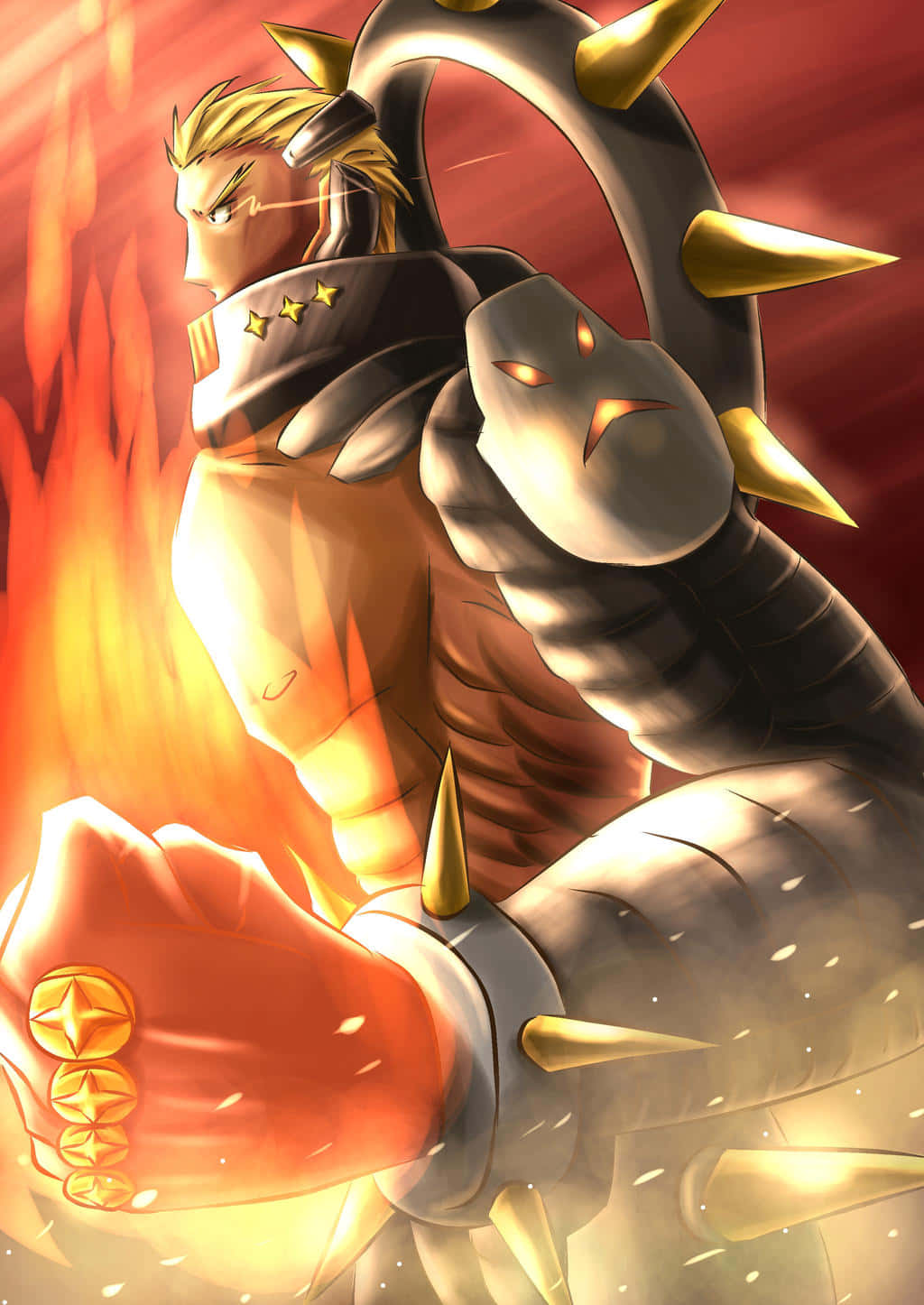 Ira Gamagoori 桌布 壁紙 — 一位金髮動漫戰士身穿尖刺盔甲，在火紅背景中揮舞著火焰鐮刀。