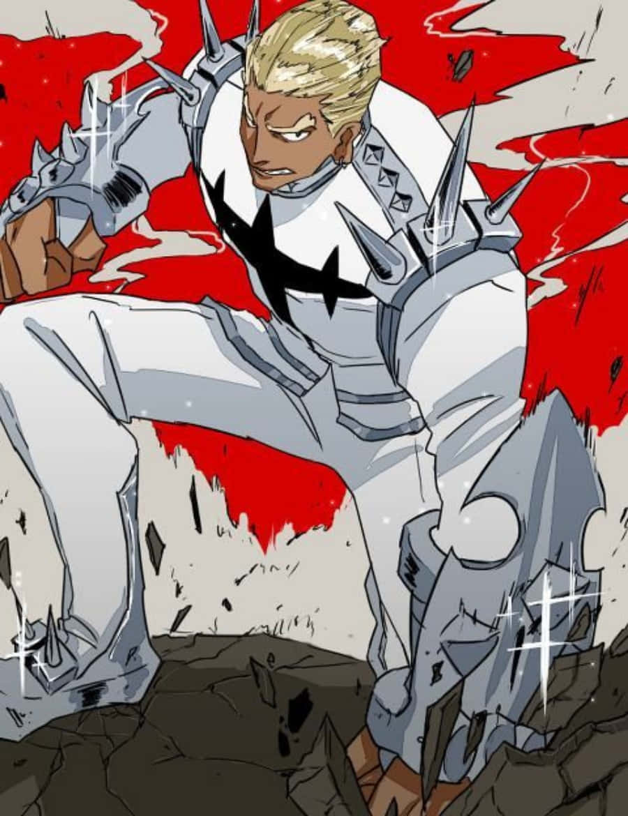 Ira Gamagoori 桌布 壁紙 — 一位金髮動漫戰士身穿帶刺的銀色盔甲，在鮮紅和白色背景的破碎地面上蹲伏。