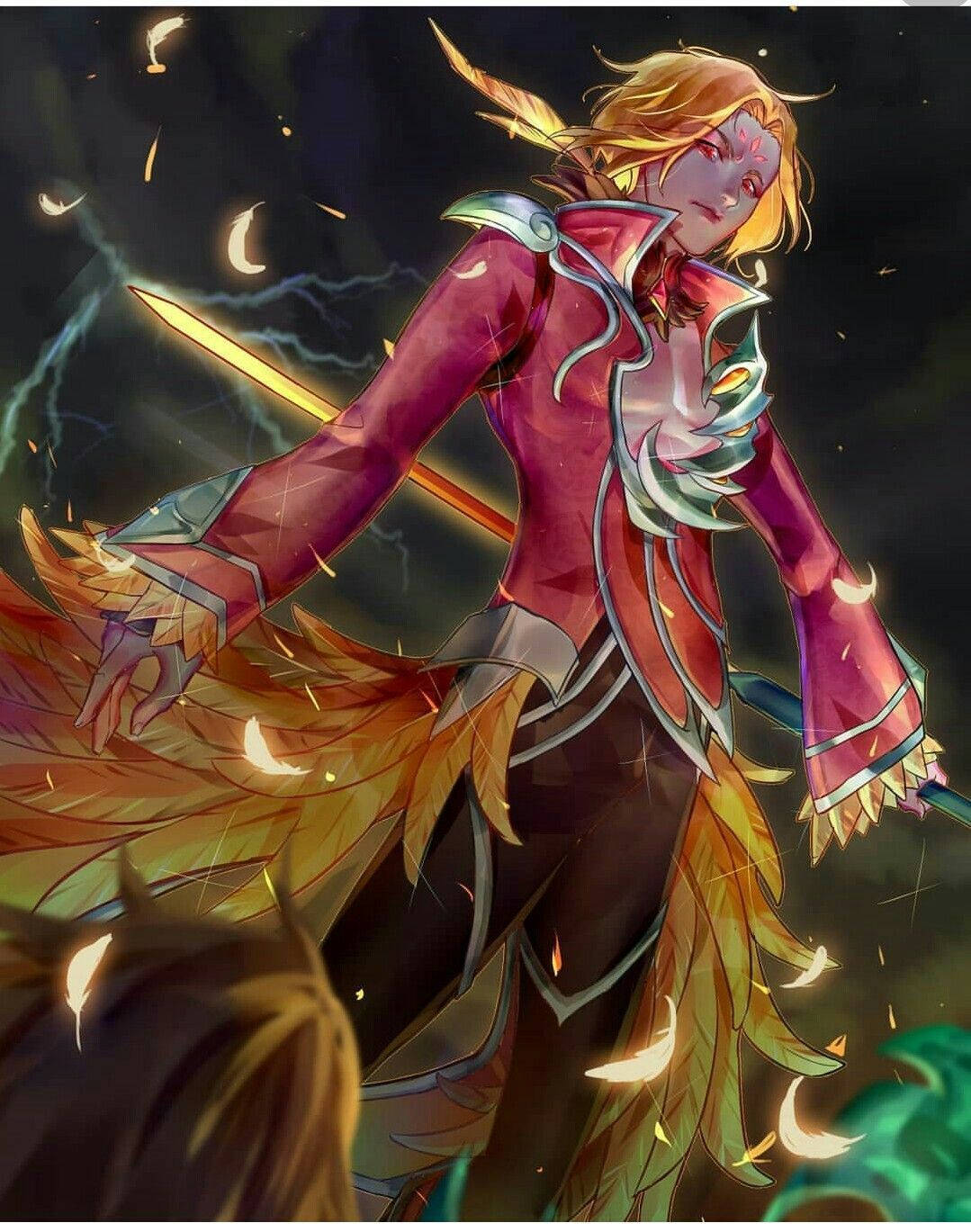 Mobile Legends 動態圖 桌布 壁紙 — 一位金髮動漫戰士身穿洋紅色服裝，在墜落的弦月和電風暴雲中揮舞著發光的劍。