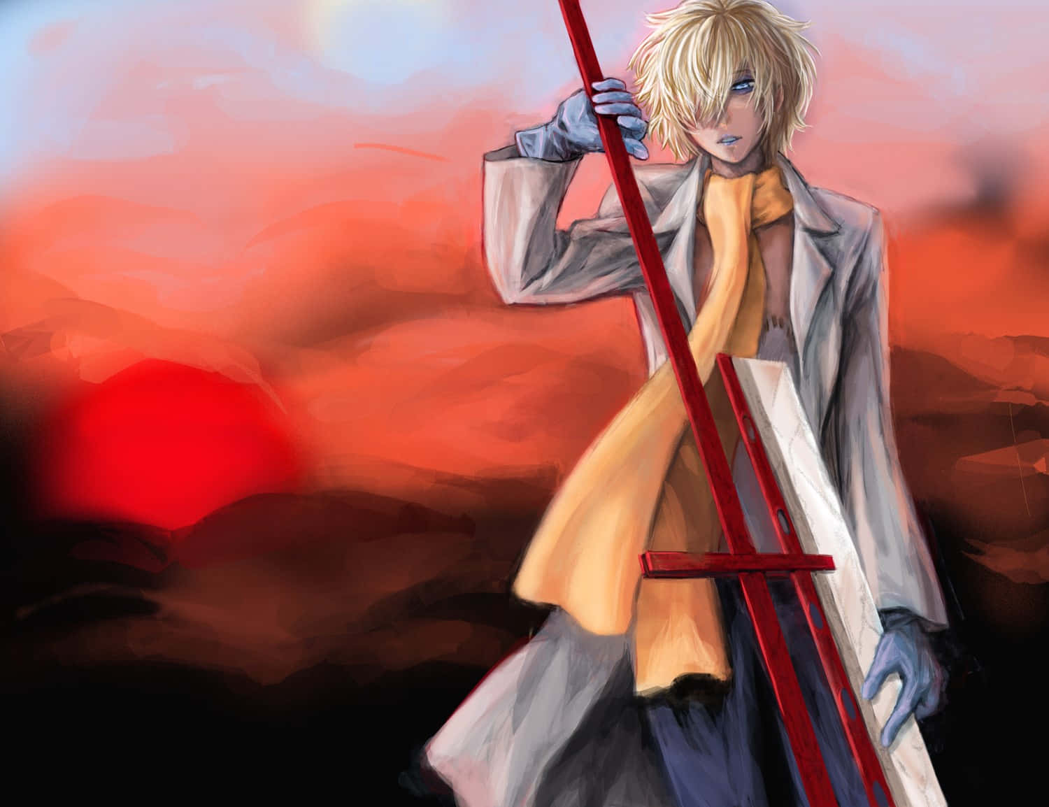 Shaman King 桌布 壁紙 — 一位金髮動漫戰士身穿白色外套，手持紅色劍，背景是熾熱的夕陽天空。