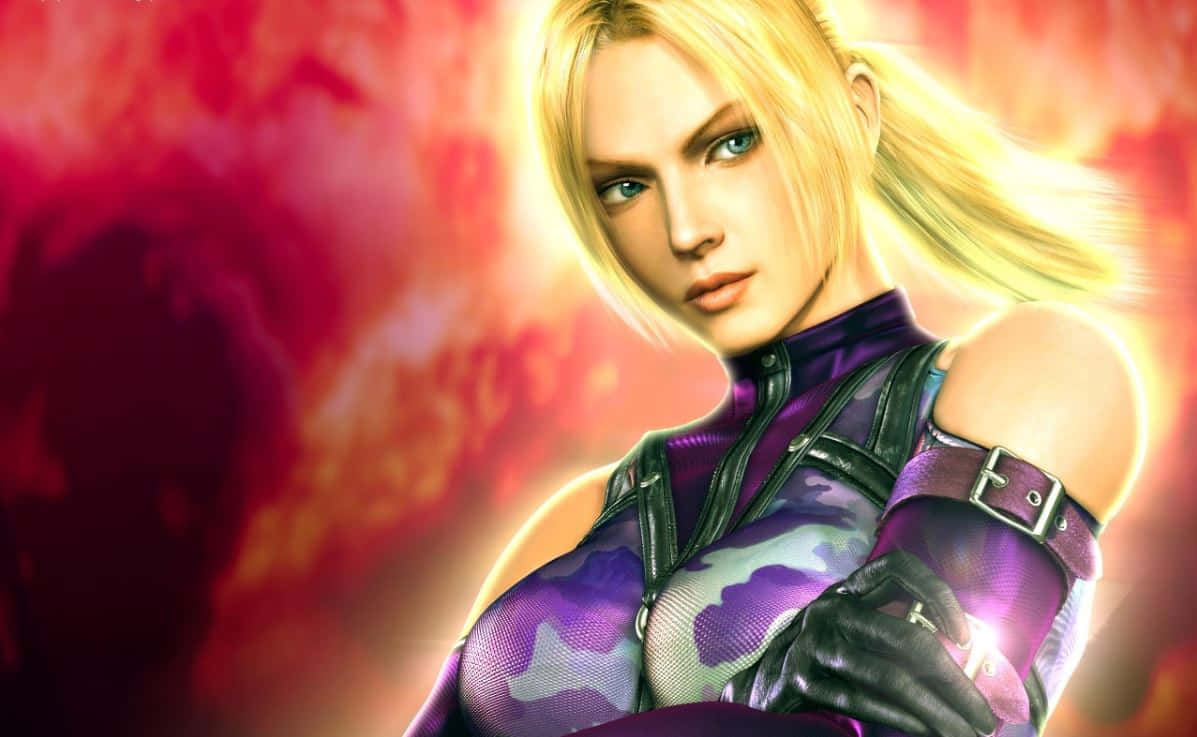 Tekken Characters 桌布 壁紙 — 一位金髮動漫戰士身穿紫色迷彩盔甲，自信地站在火紅與橙色的背景前。