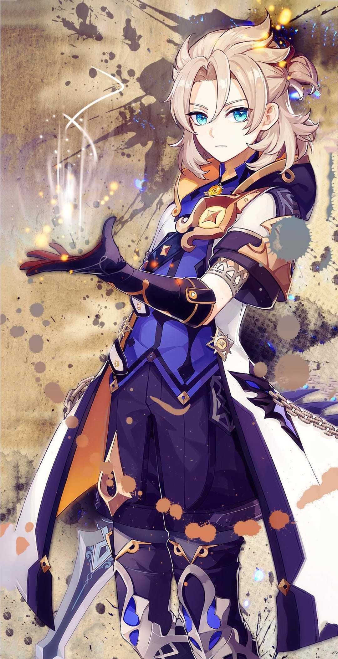 遊戲 桌布 壁紙 — 一位金髮動漫戰士身穿藍金盔甲，在紋理背景前以堅定表情引導發光能量。