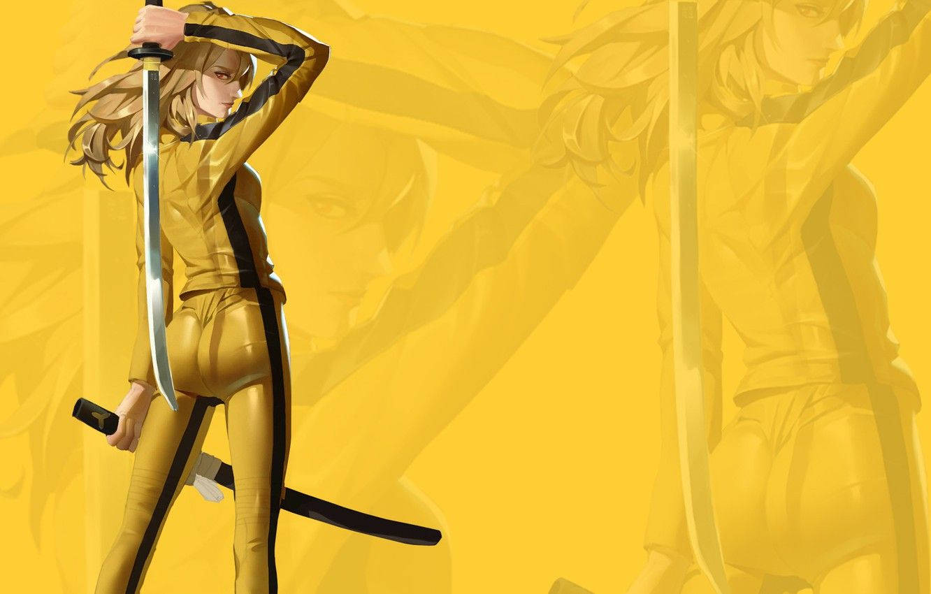 Kill Bill 桌布 壁紙 — 一位金髮動漫戰士身穿金色和黑色，在充滿動態模糊效果的鮮黃色背景前手持武士刀。