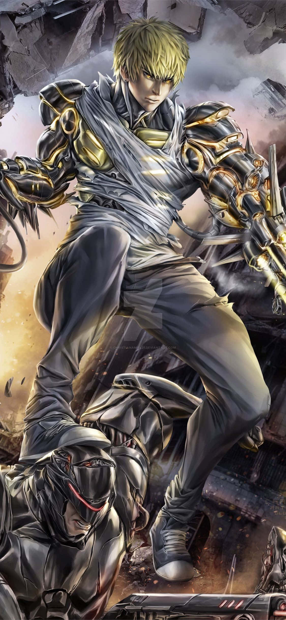 Genos 桌布 壁紙 — 一位金髮動漫戰士身穿金色和黑色盔甲，在破碎的瓦礫中勝利地站在一個被打敗的蒙面敵人之上。