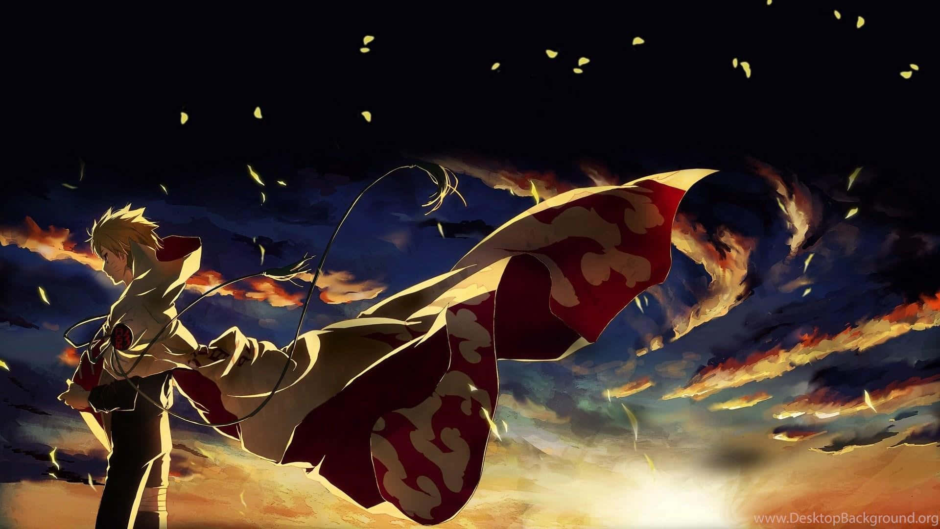 Naruto Sage Mode 桌布 壁紙 — 一位金髮動漫戰士身穿飄逸的紅白斗篷，站在戲劇性的夕陽天空下，天空中有火紅的雲彩和飄落的樹葉。