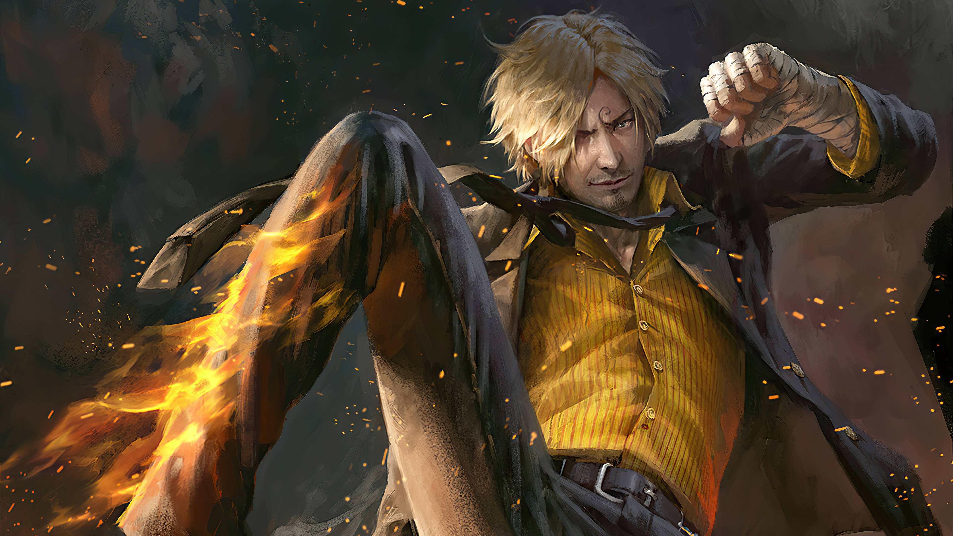 Sanji 桌布 壁紙 — 一位金髮動漫戰士身穿黃色襯衫和深色外套，在煙霧繚繞的背景中釋放出火焰踢擊。