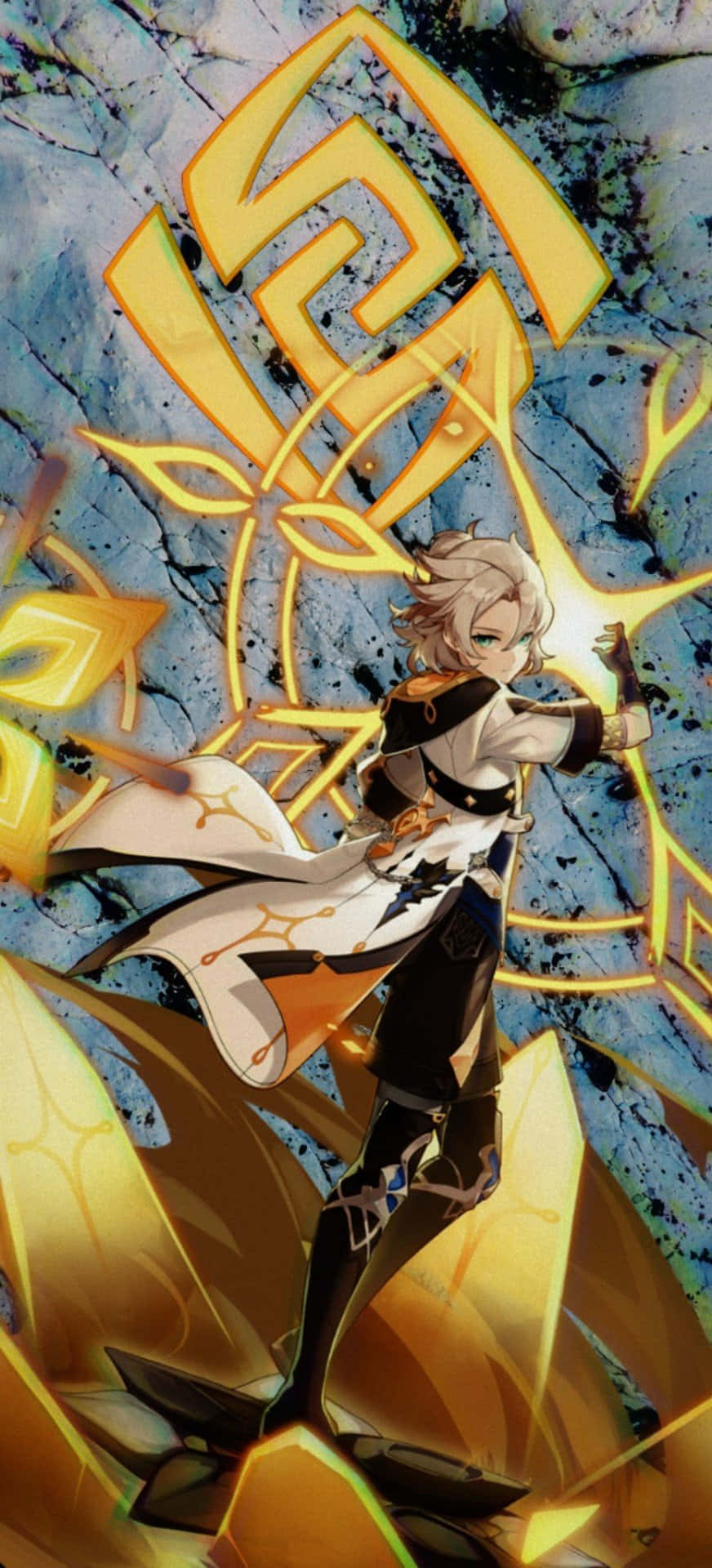 Genshin Impact Albedo 桌布 壁紙 — 一位金髮動漫戰士身穿黑白盔甲，在裂開的藍色石頭背景下釋放發光的金色能量。