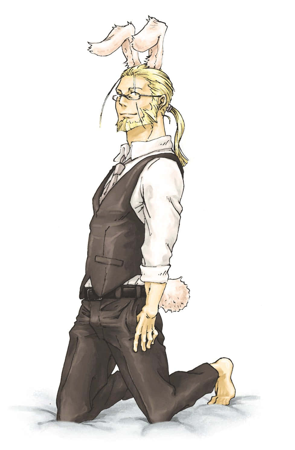 Van Hohenheim 桌布 壁紙 — 一位金髮動漫男子戴著兔耳和尾巴，穿著正式背心和眼鏡，跪在柔軟的雪地上。