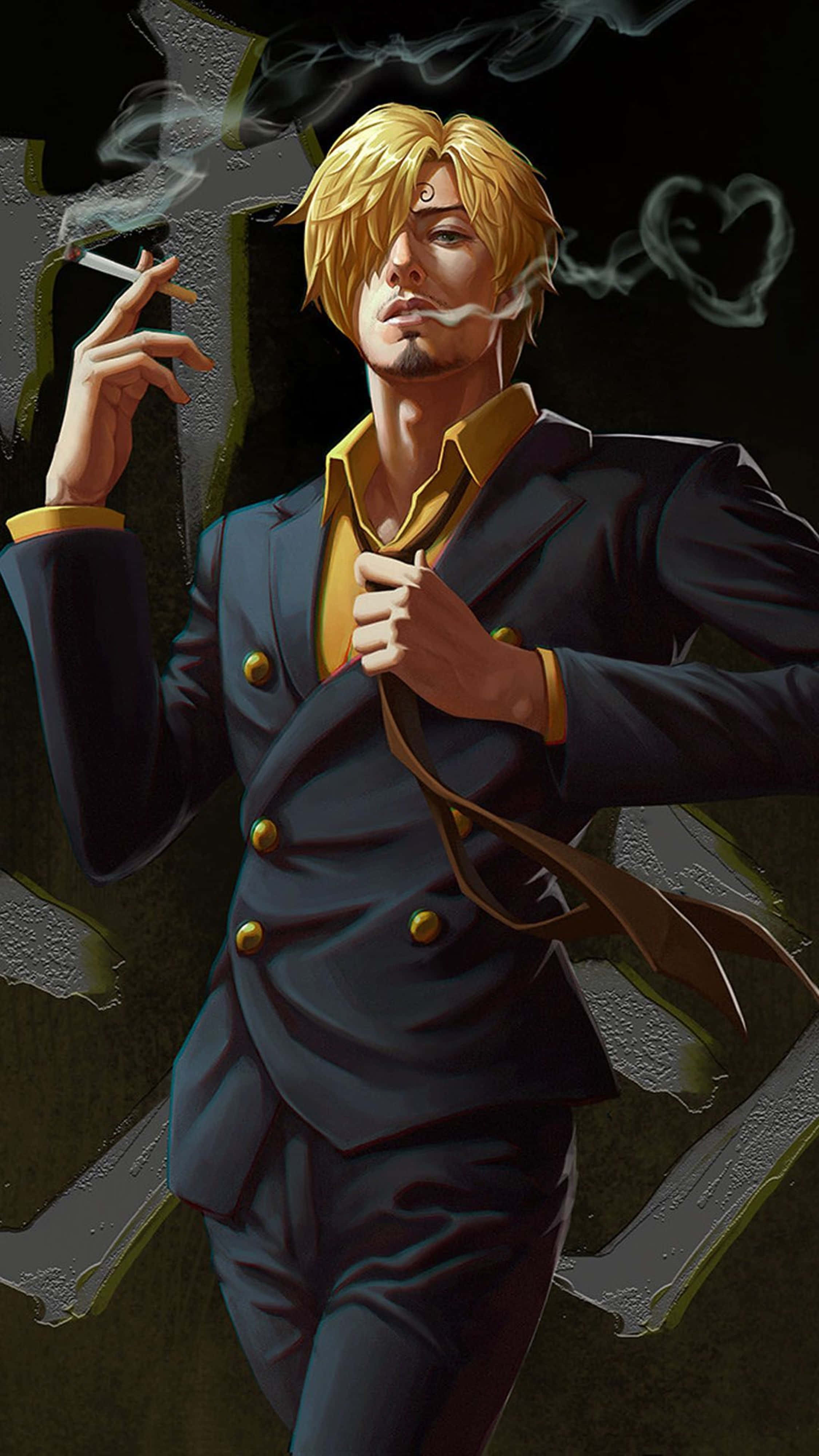Sanji 桌布 壁紙 — 一位金髮動漫男子穿著深色西裝抽煙，煙霧在裂紋牆壁背景上形成一個心形。