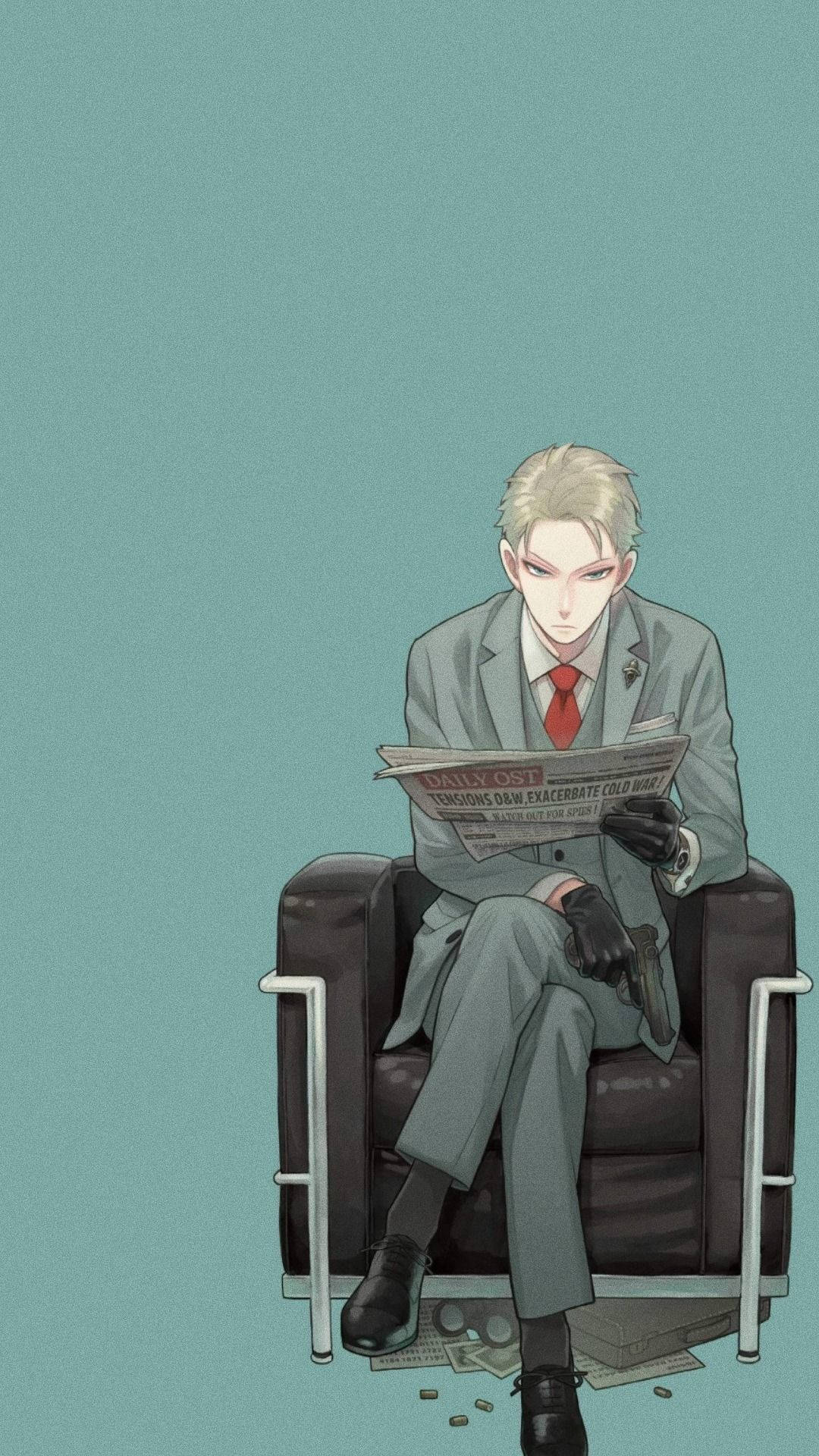 X 桌布 壁紙 — 一位金髮動漫男子穿著灰色西裝和紅色領帶，坐在現代椅子上，在青綠色背景前閱讀報紙。