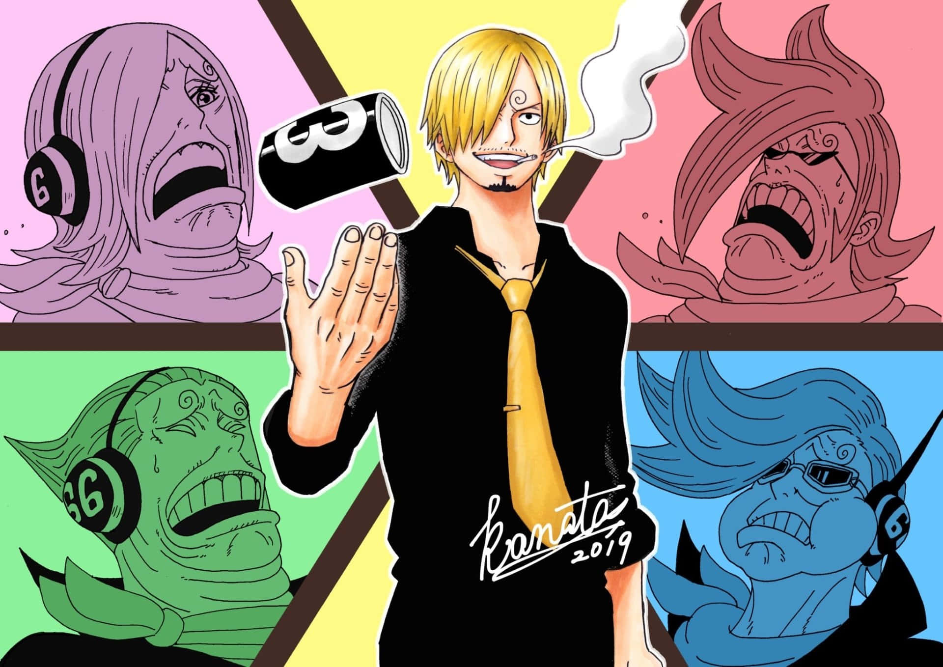 Vinsmoke Family 桌布 壁紙 — 一位金髮動漫男子穿著黑色西裝和黃色領帶，手持冒煙的罐頭，身後四個戴耳機的憤怒角色在彩色面板中怒視。