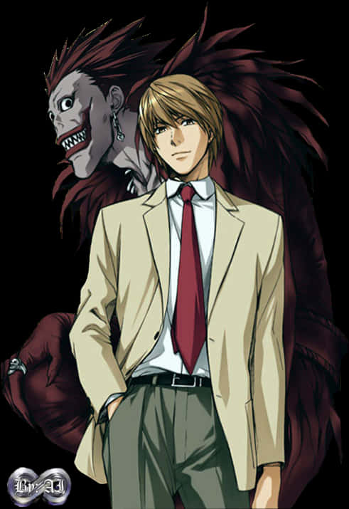 Death Note Ryuk 桌布 壁紙 — 一位金髮動漫男子身穿米色西裝冷靜地站著，身後一個紅髮惡魔般的身影咧嘴大笑，在黑色背景中隱現。